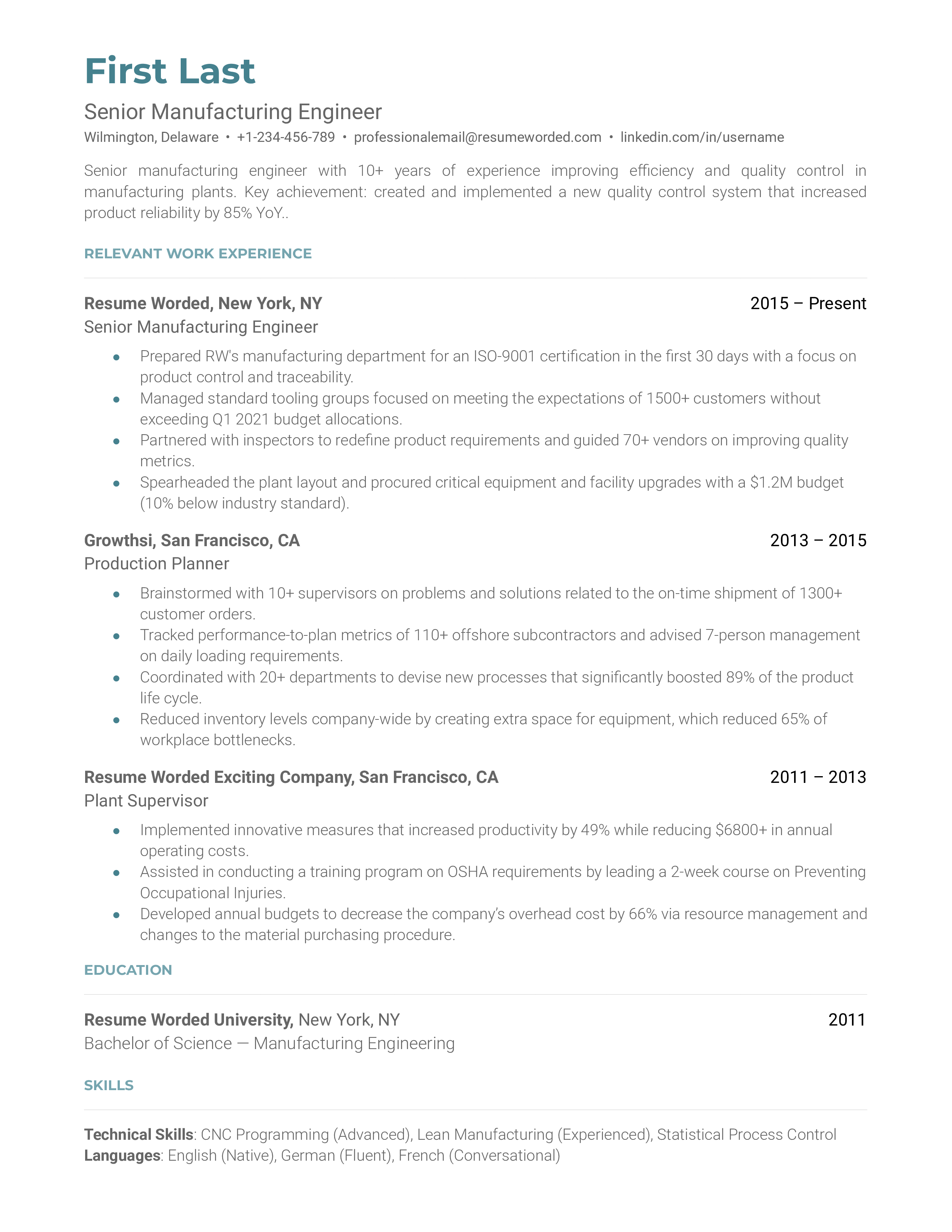 Senior Manufacturing Engineer Resume Sample
