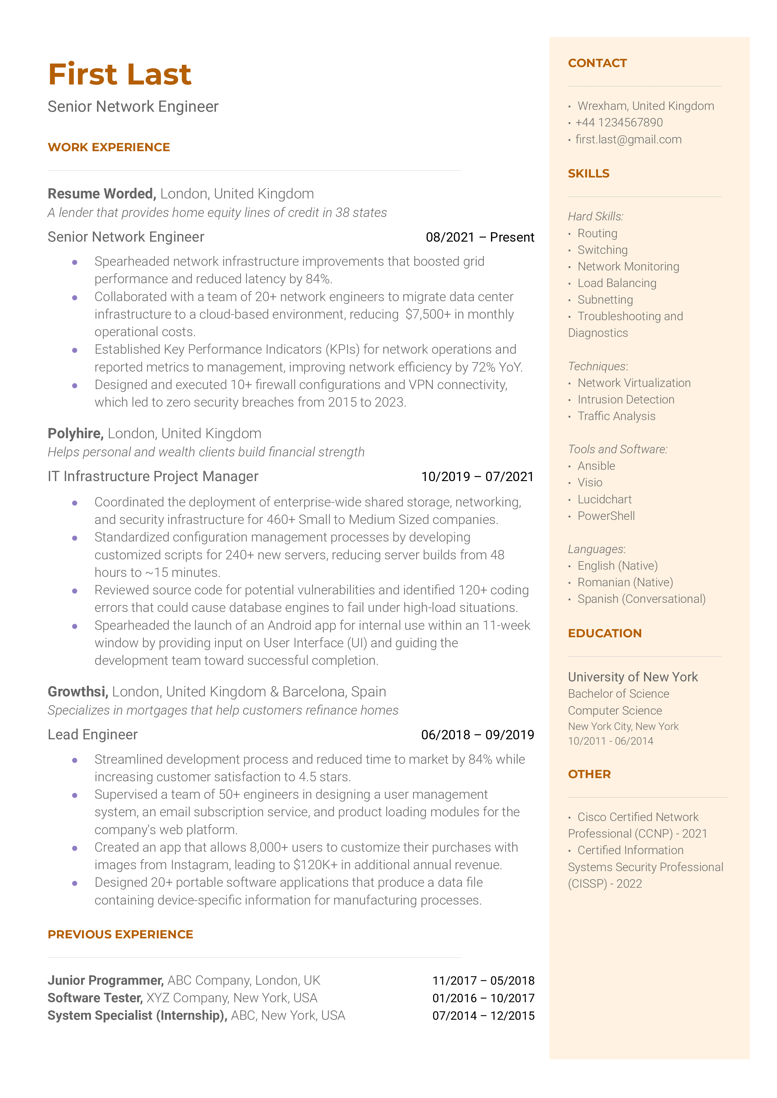 Senior Network Engineer Resume Sample