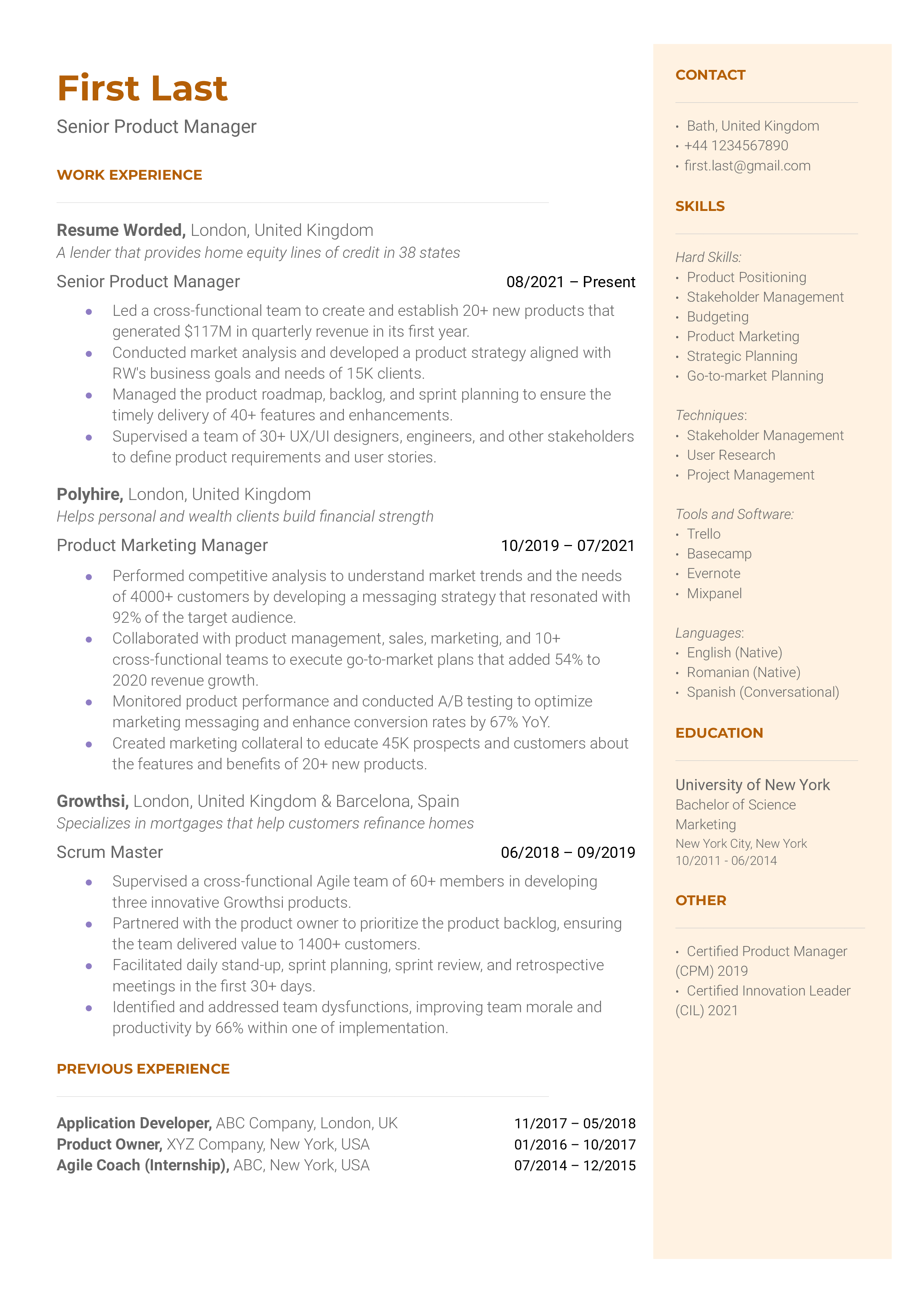 Senior Product Manager Resume Sample
