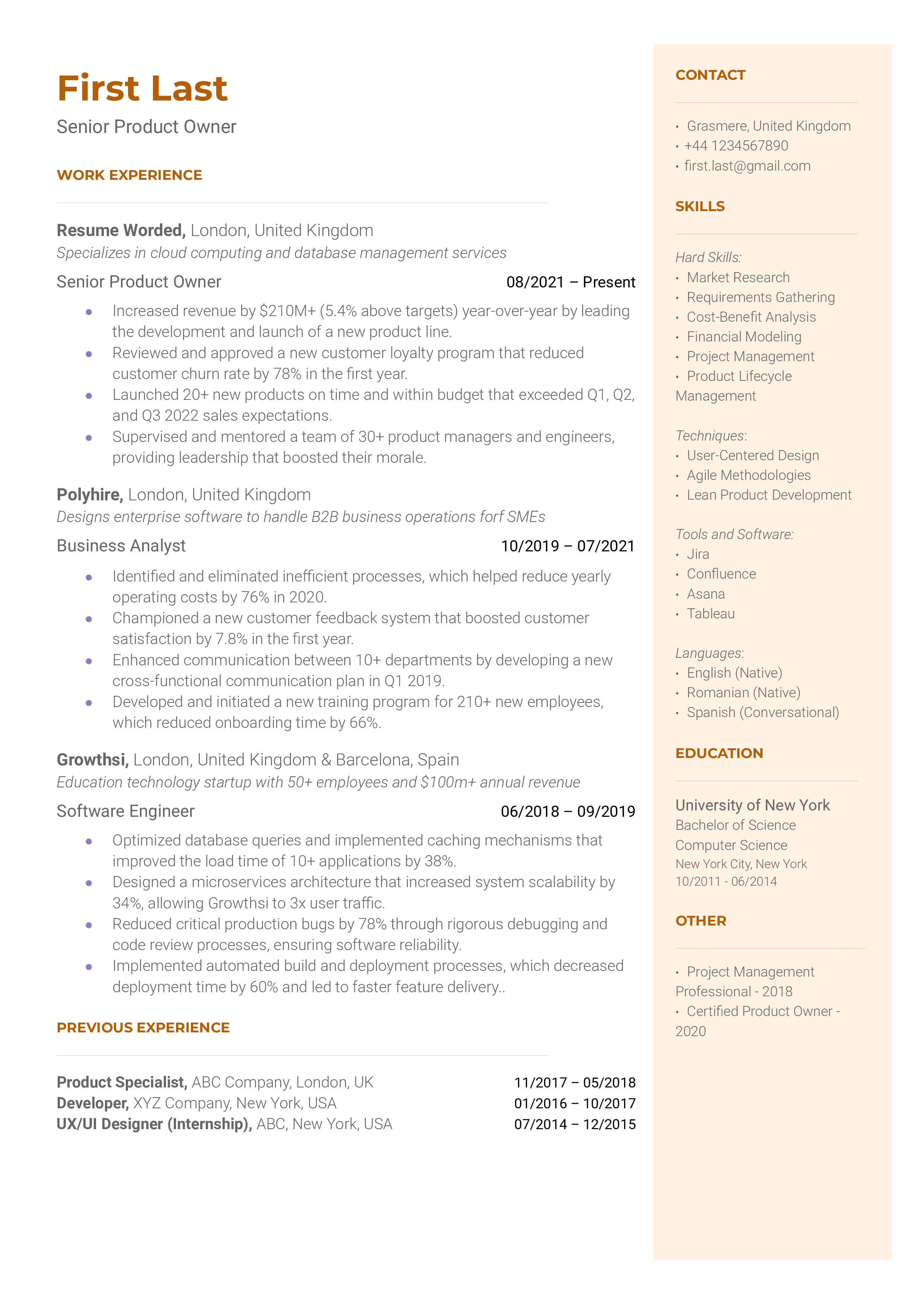 Senior Product Owner Resume Sample