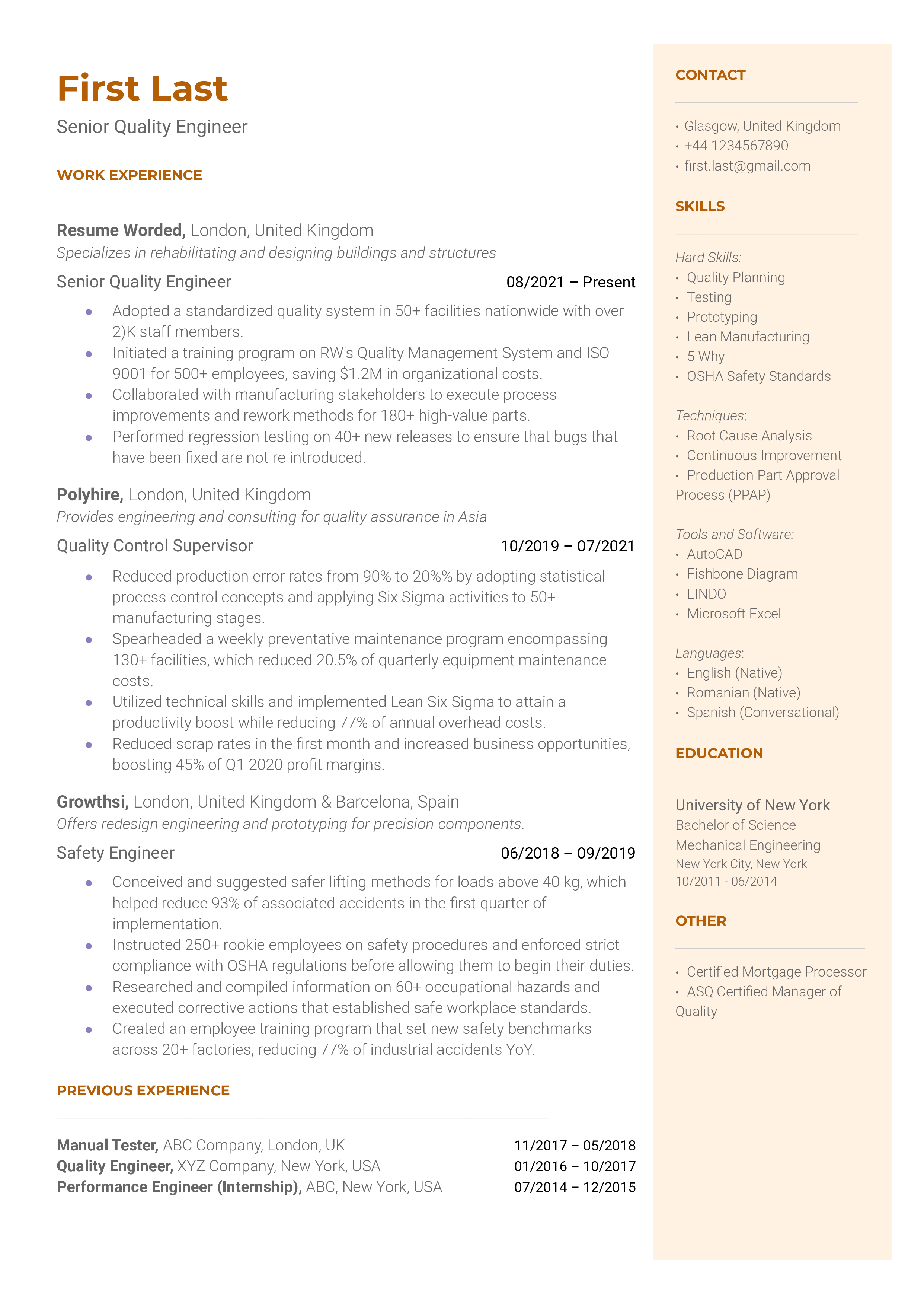 Senior Quality Engineer Resume Sample