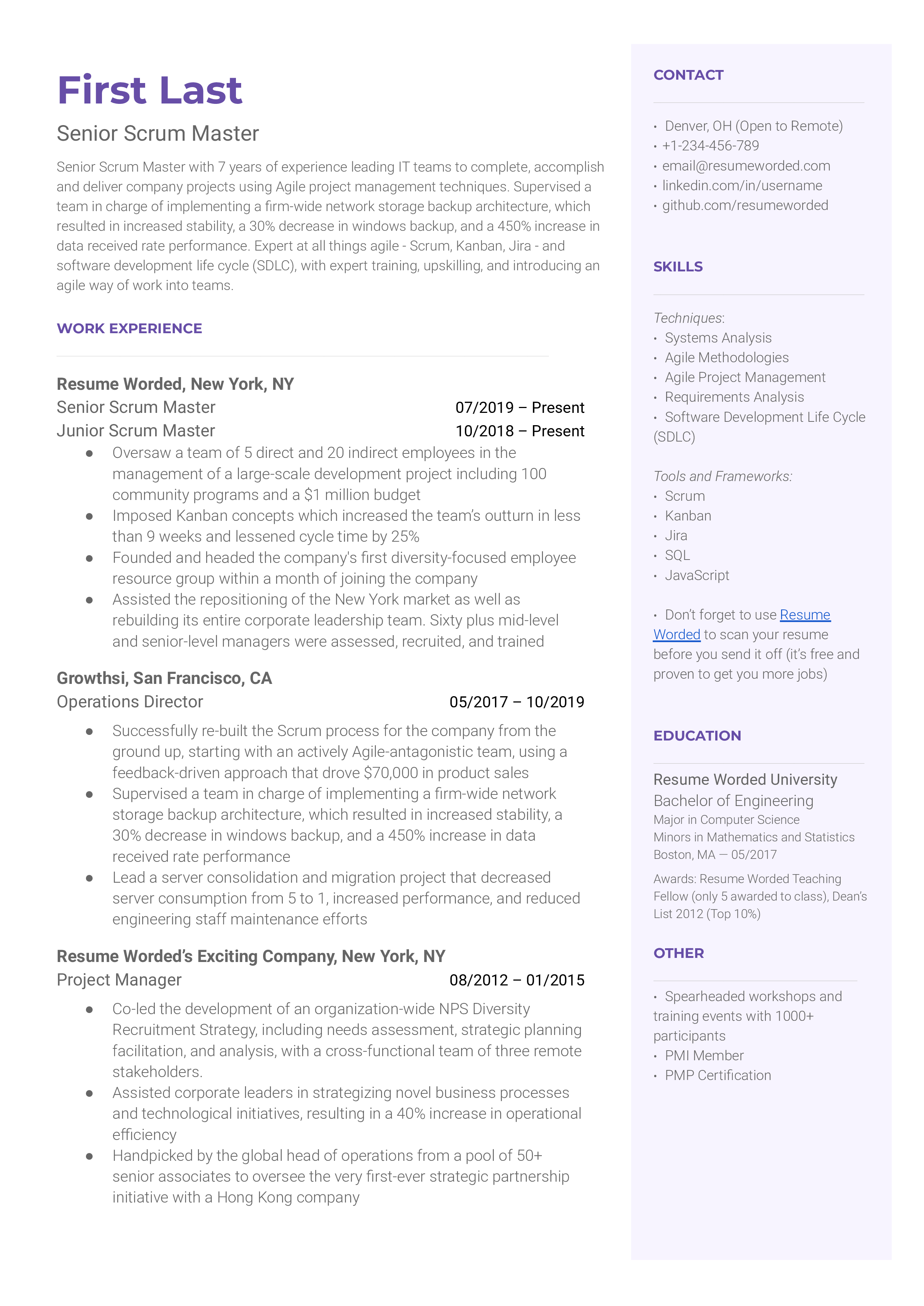 Senior Scrum Master Resume Sample