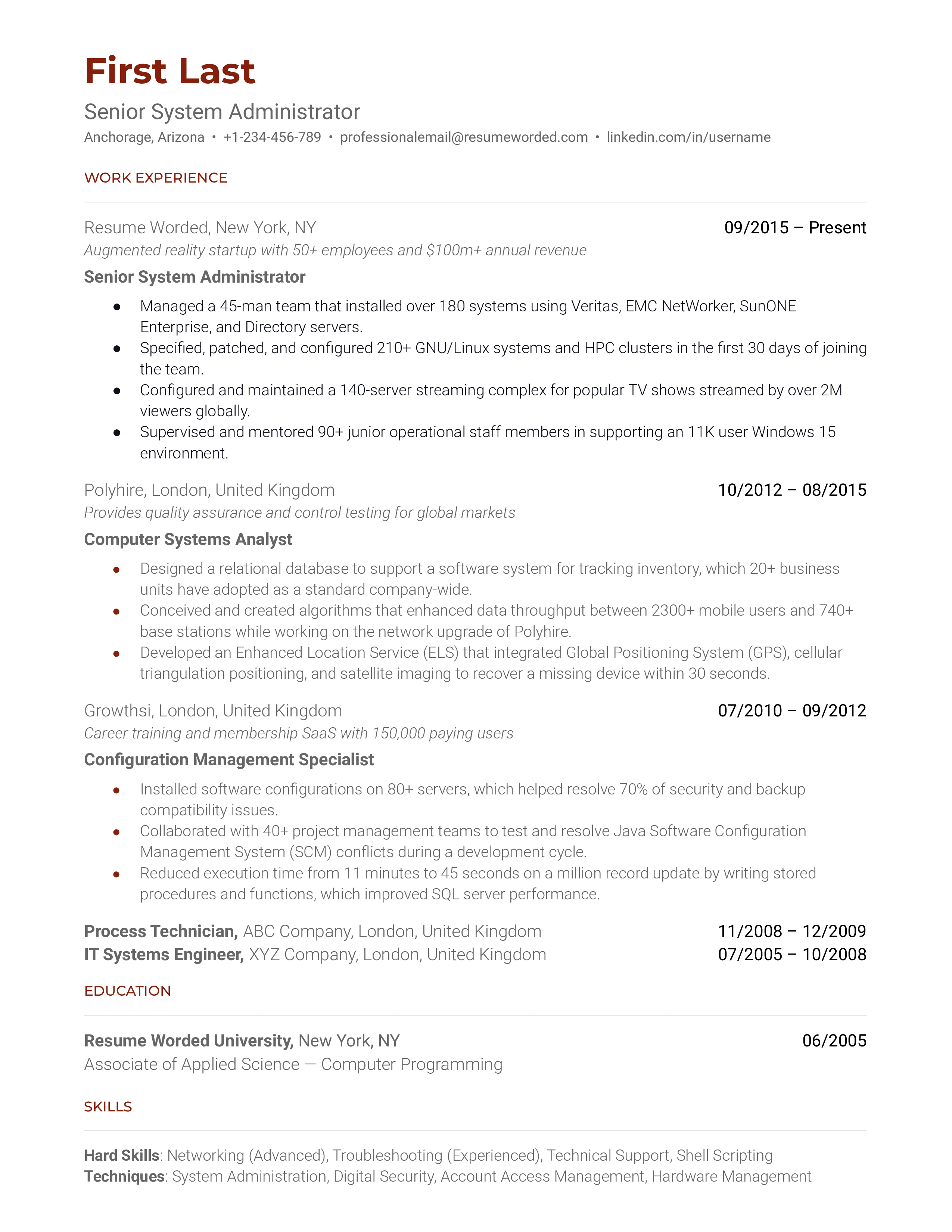 Senior System Administrator Resume Sample