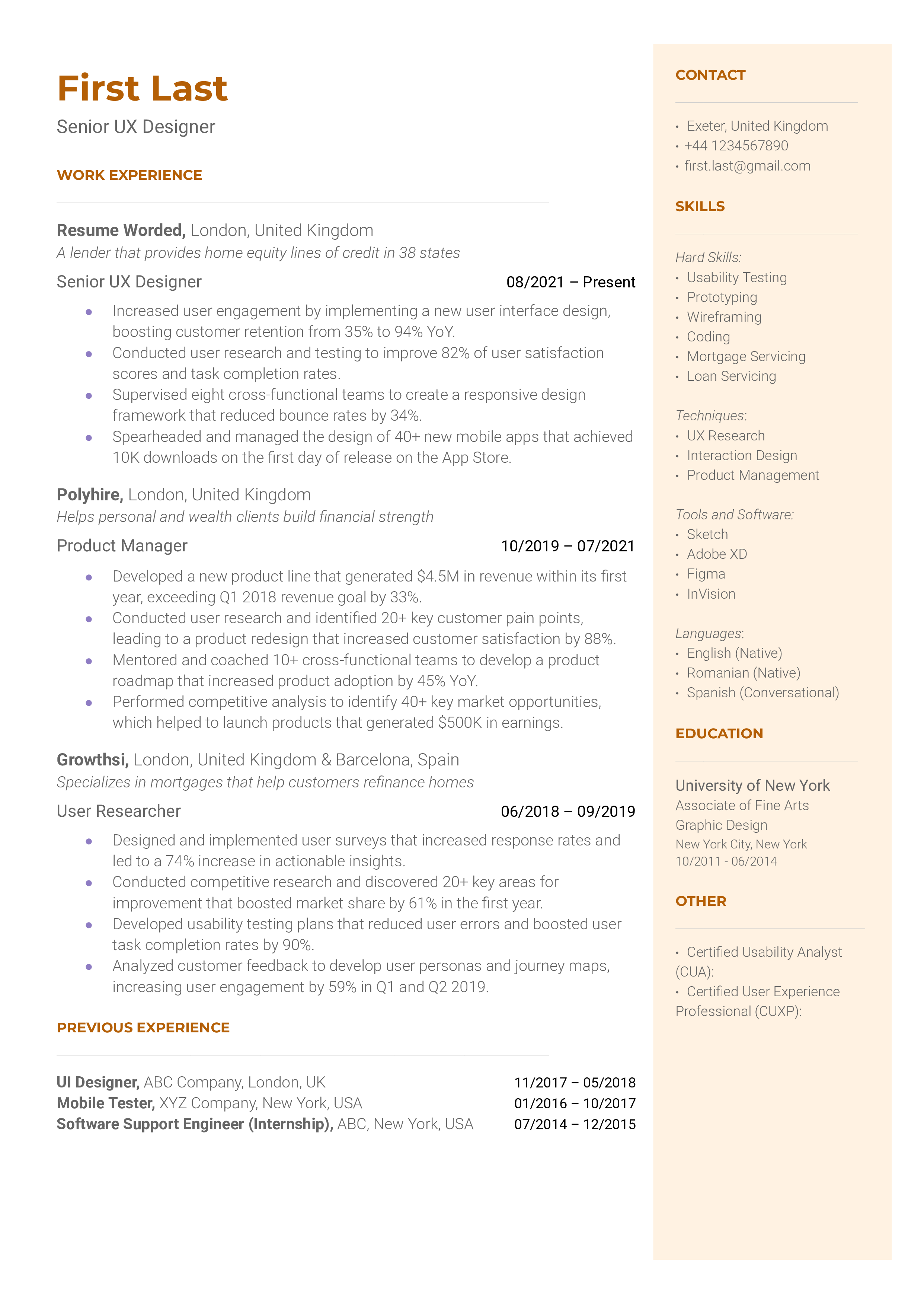 Senior UX Designer Resume Sample