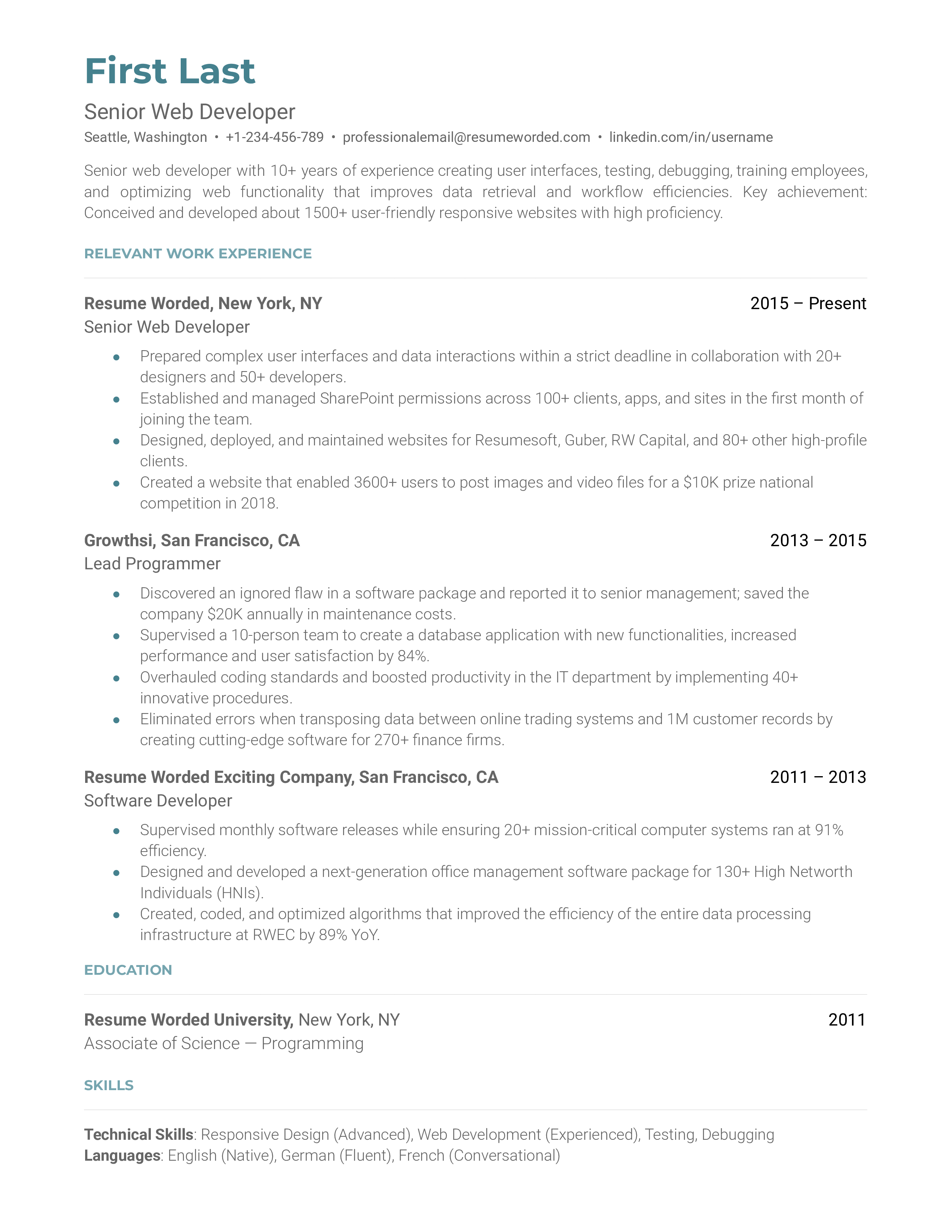 Senior Web Developer Resume Sample