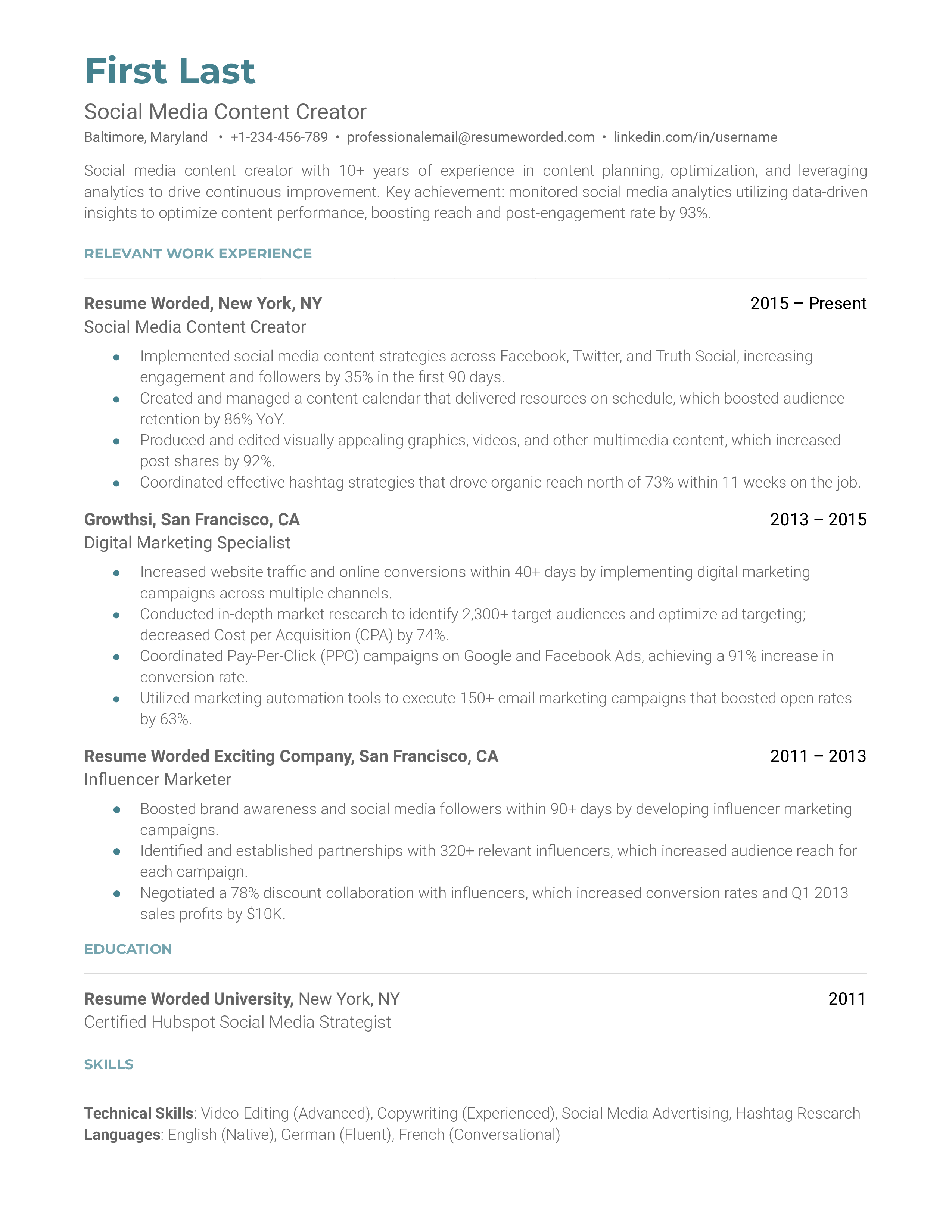 Social Media Content Creator Resume Sample