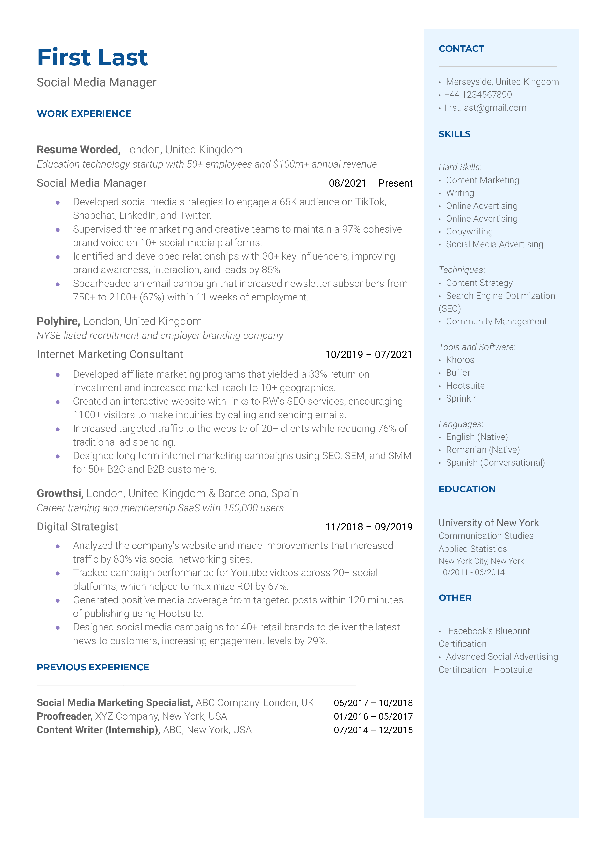 Social Media Manager Resume Sample