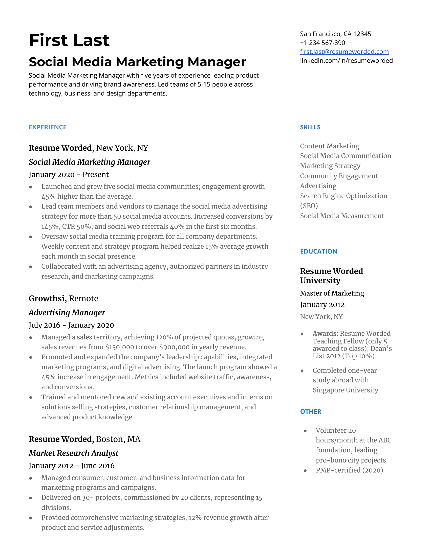 Social Media Marketing Manager Resume Sample
