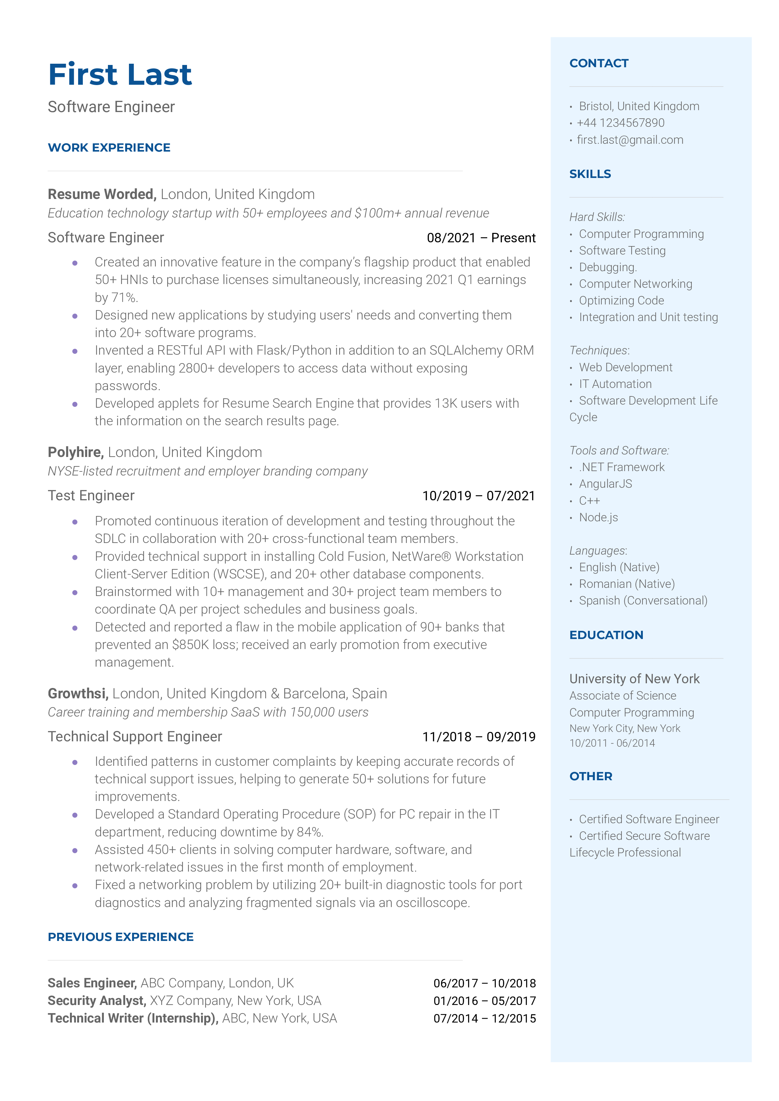 Software Engineer Resume Sample