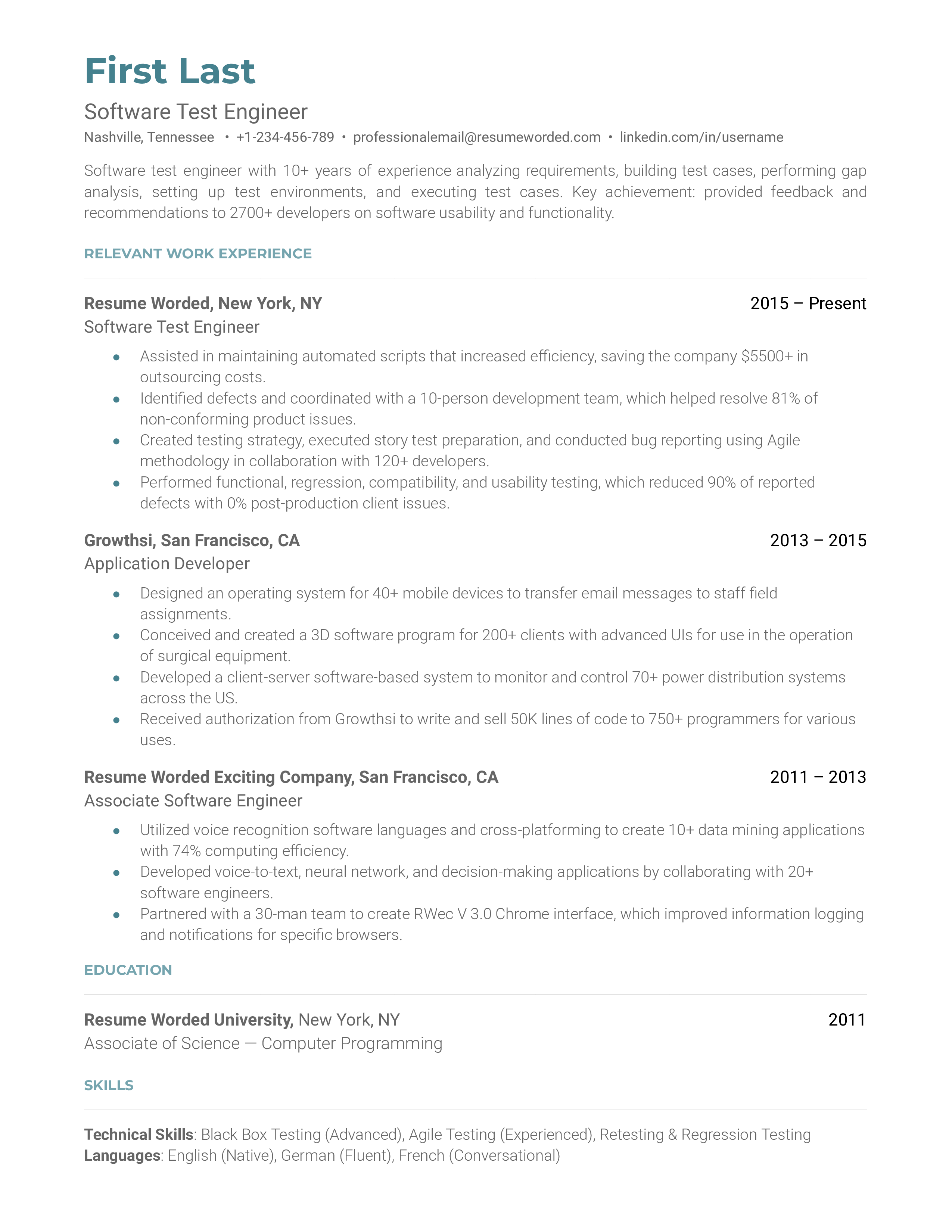 Software Test Engineer Resume Sample