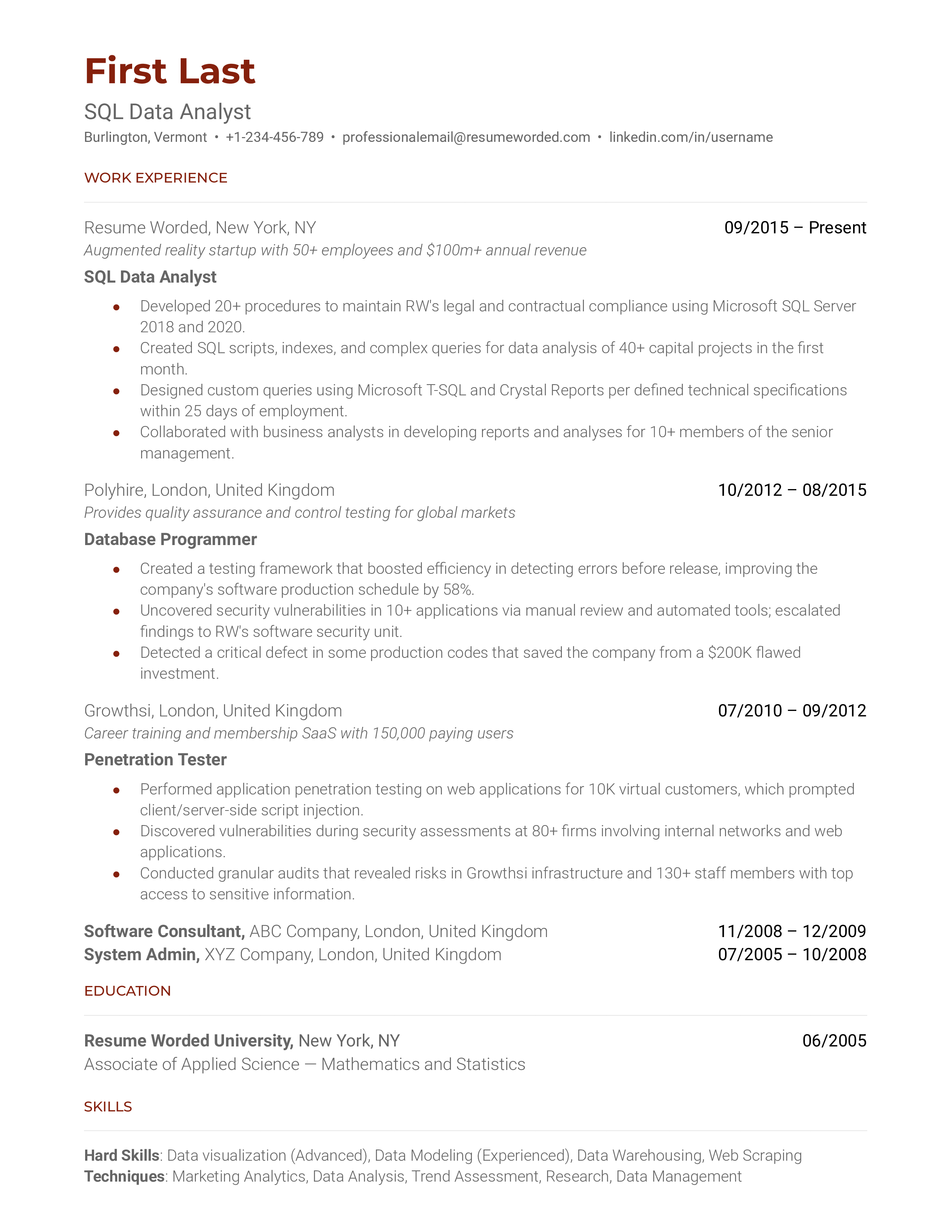 SQL Data Analyst Resume Sample
