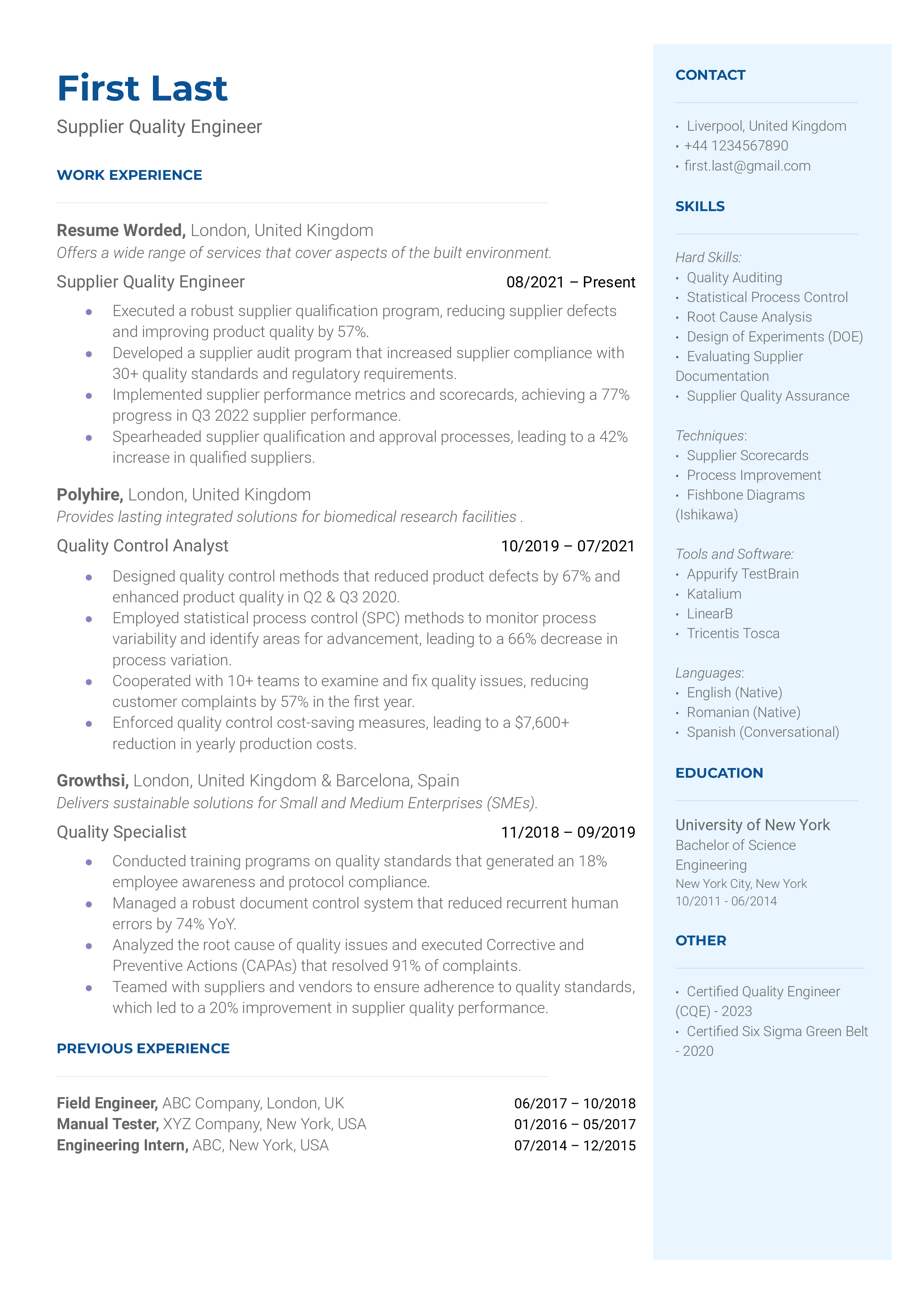 Supplier Quality Engineer Resume Sample