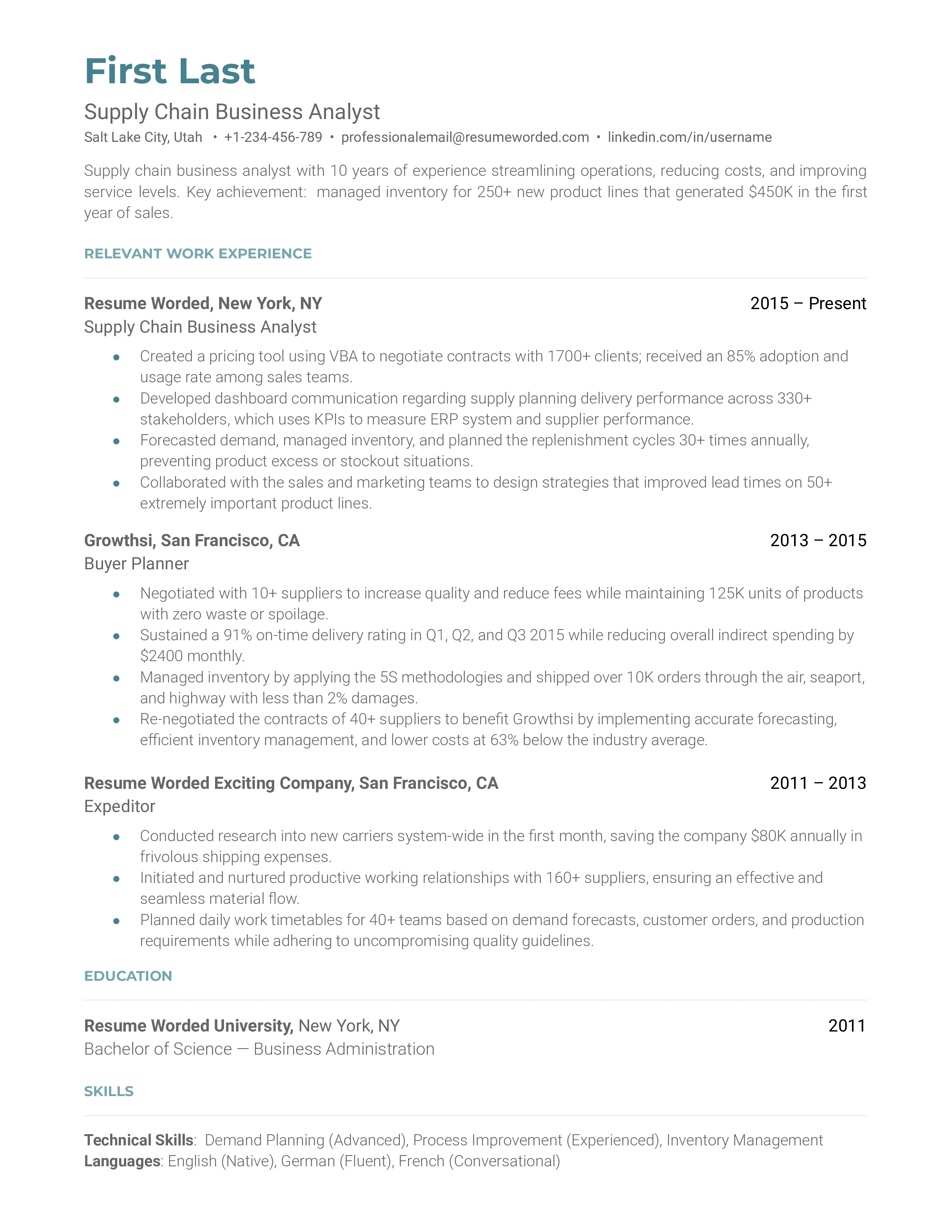 Supply Chain Business Analyst Resume Sample