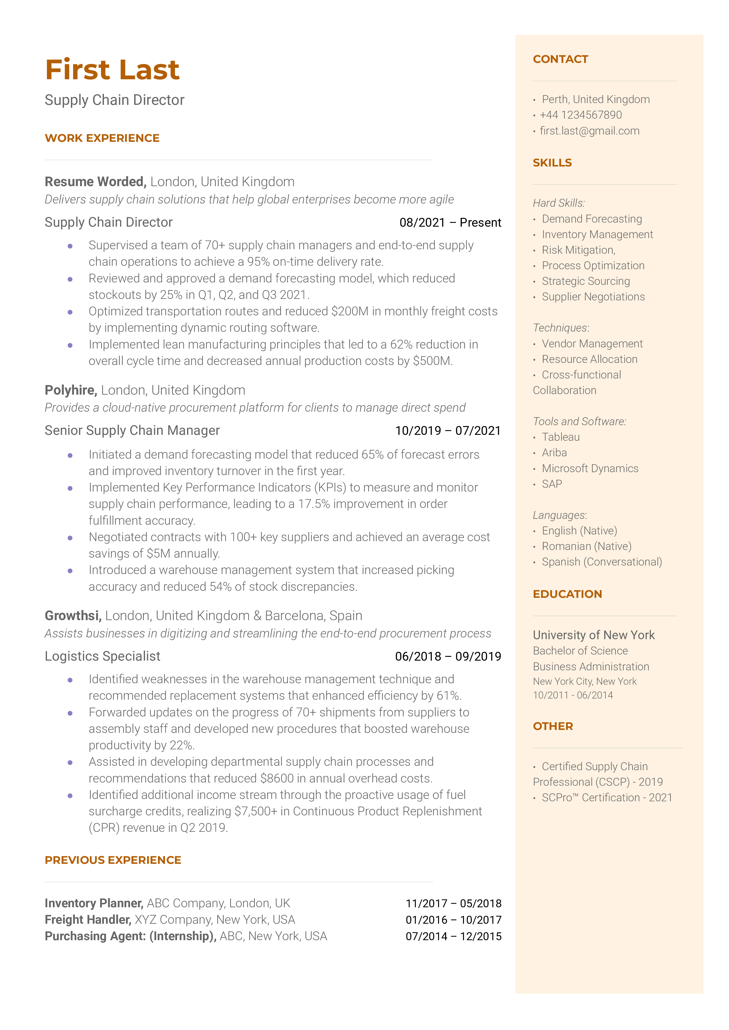 Supply Chain Director Resume Sample