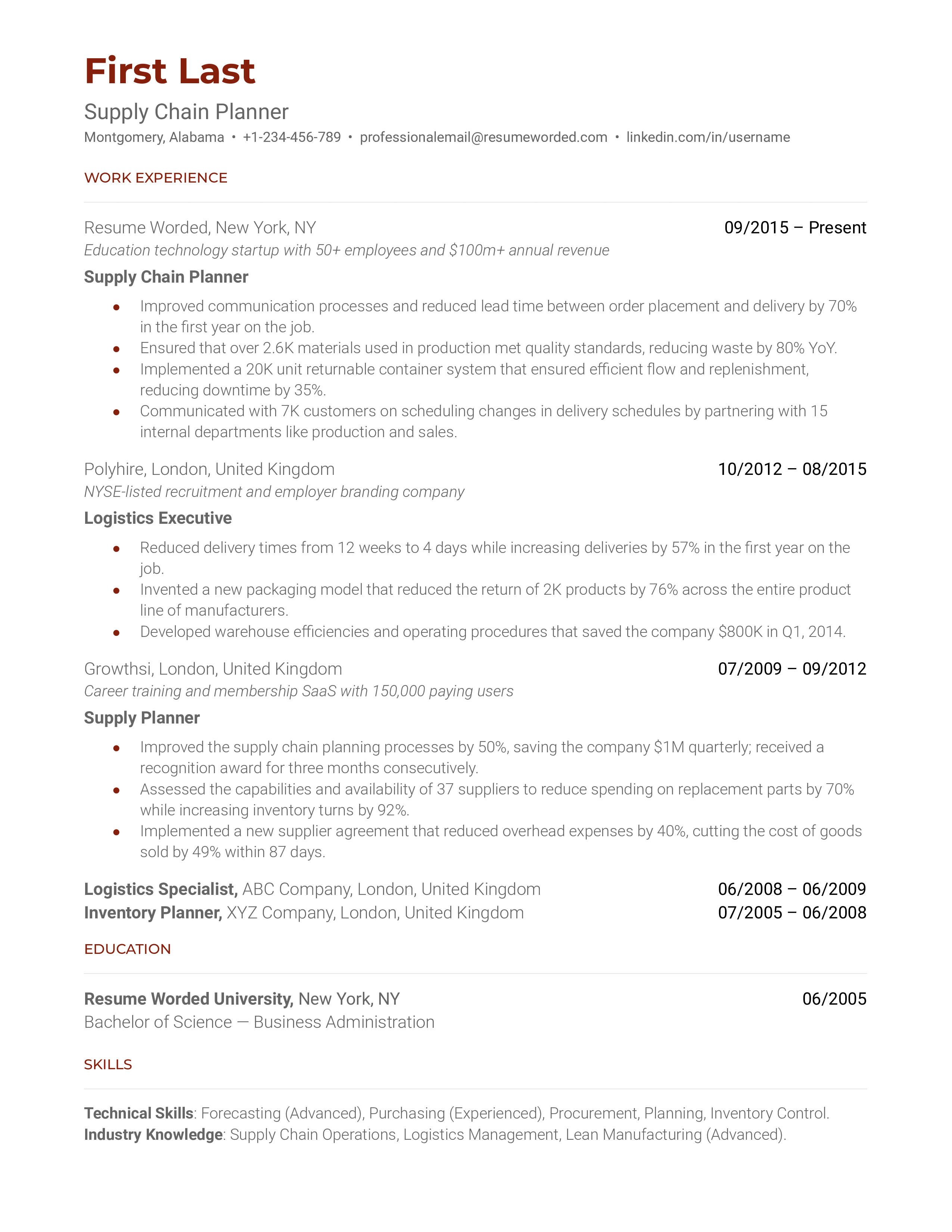 Supply Chain Planner Resume Sample