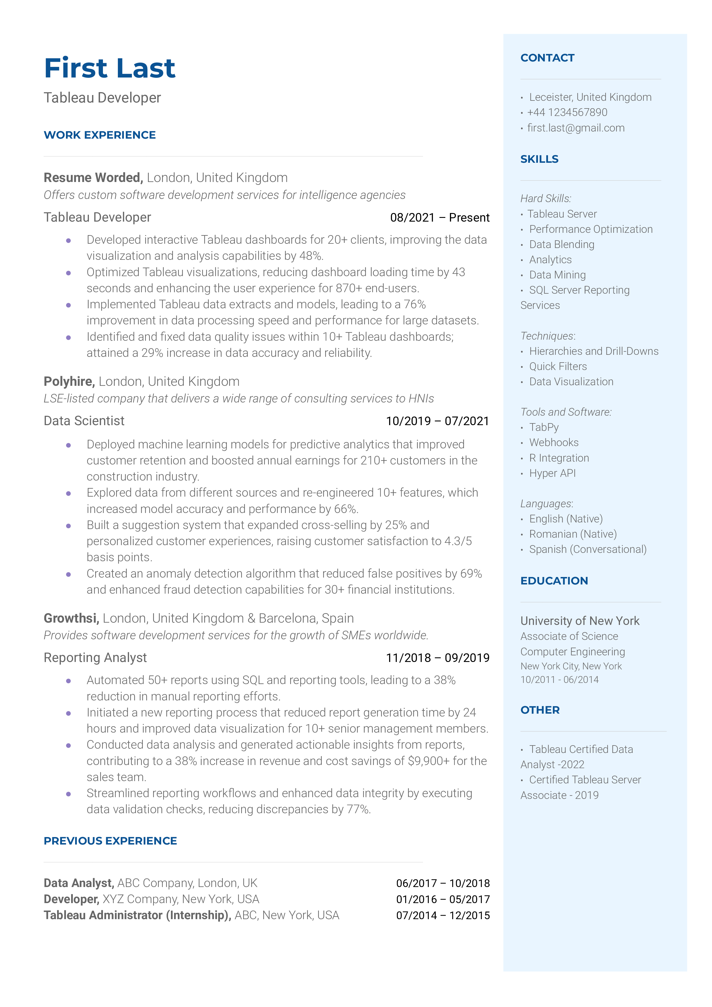 Tableau Developer Resume Sample