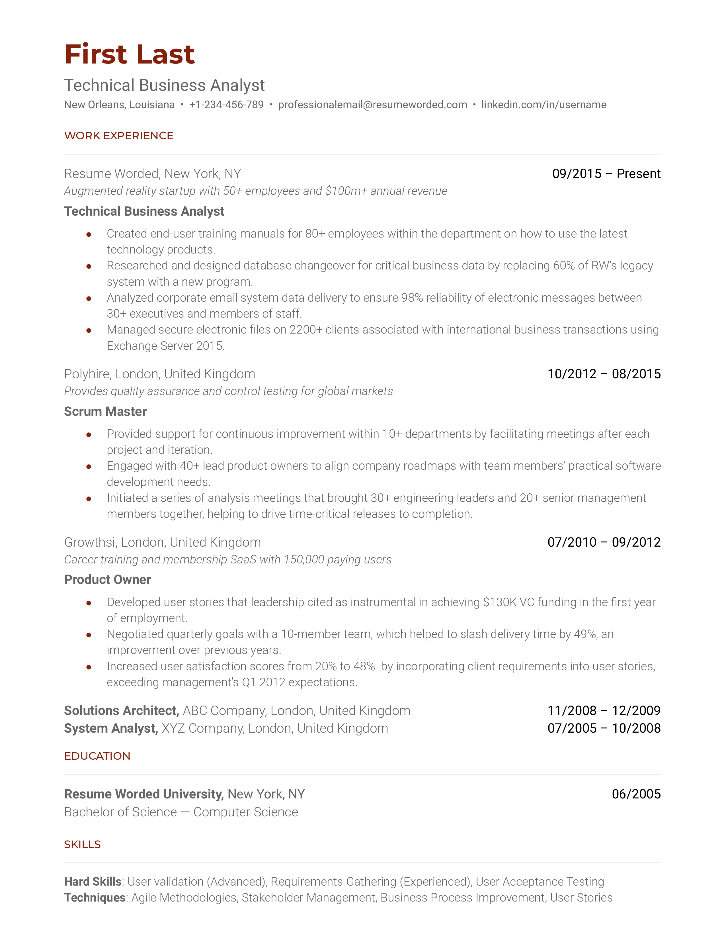 Technical Business Analyst  Resume Sample