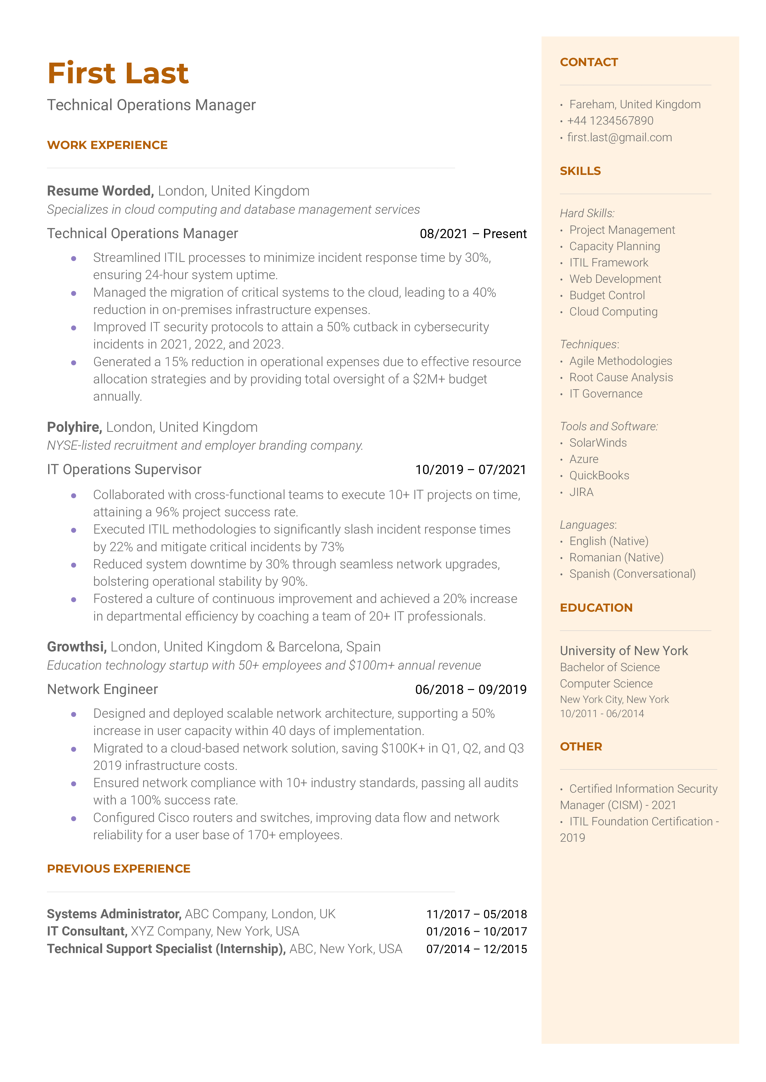 Technical Operations Manager Resume Sample