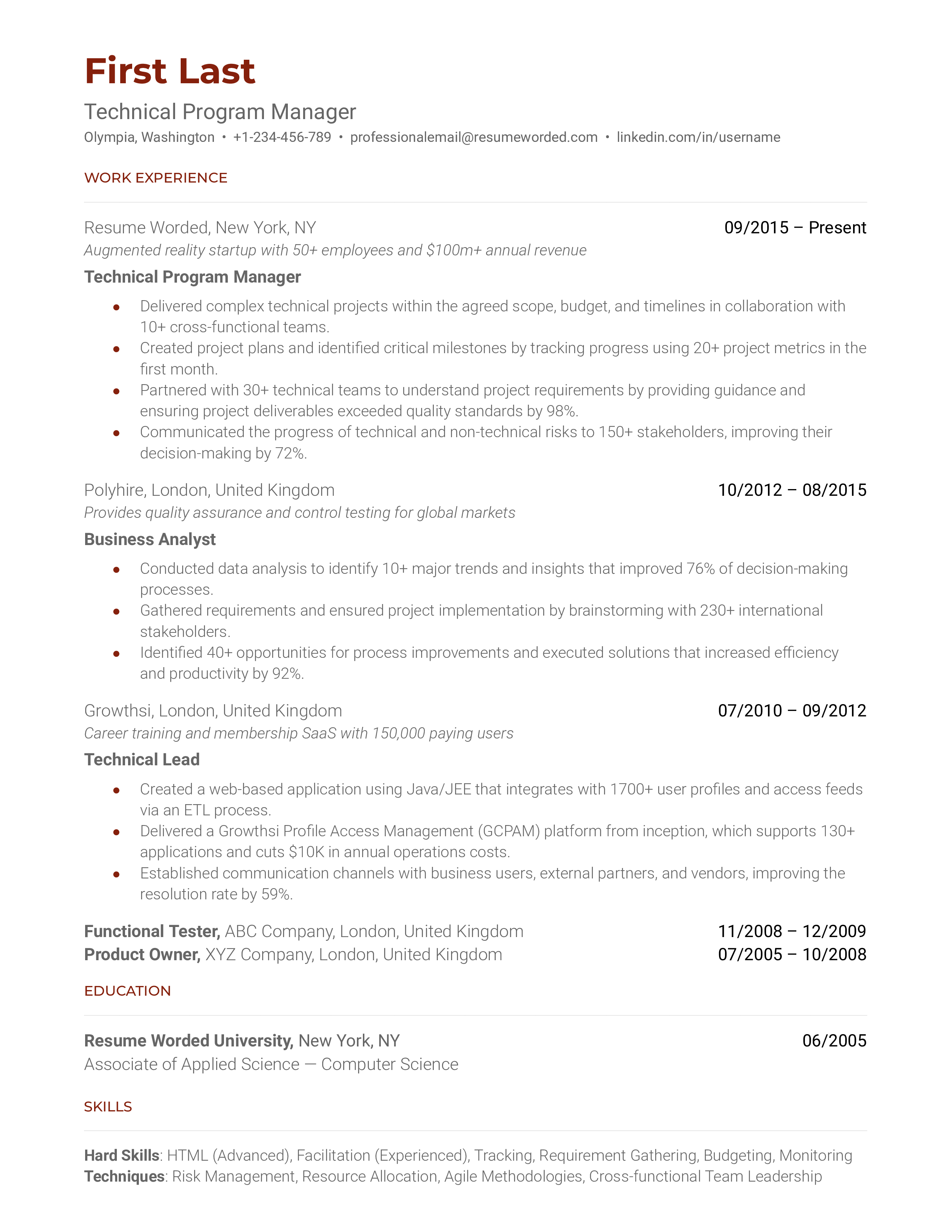 Technical Program Manager Resume Sample