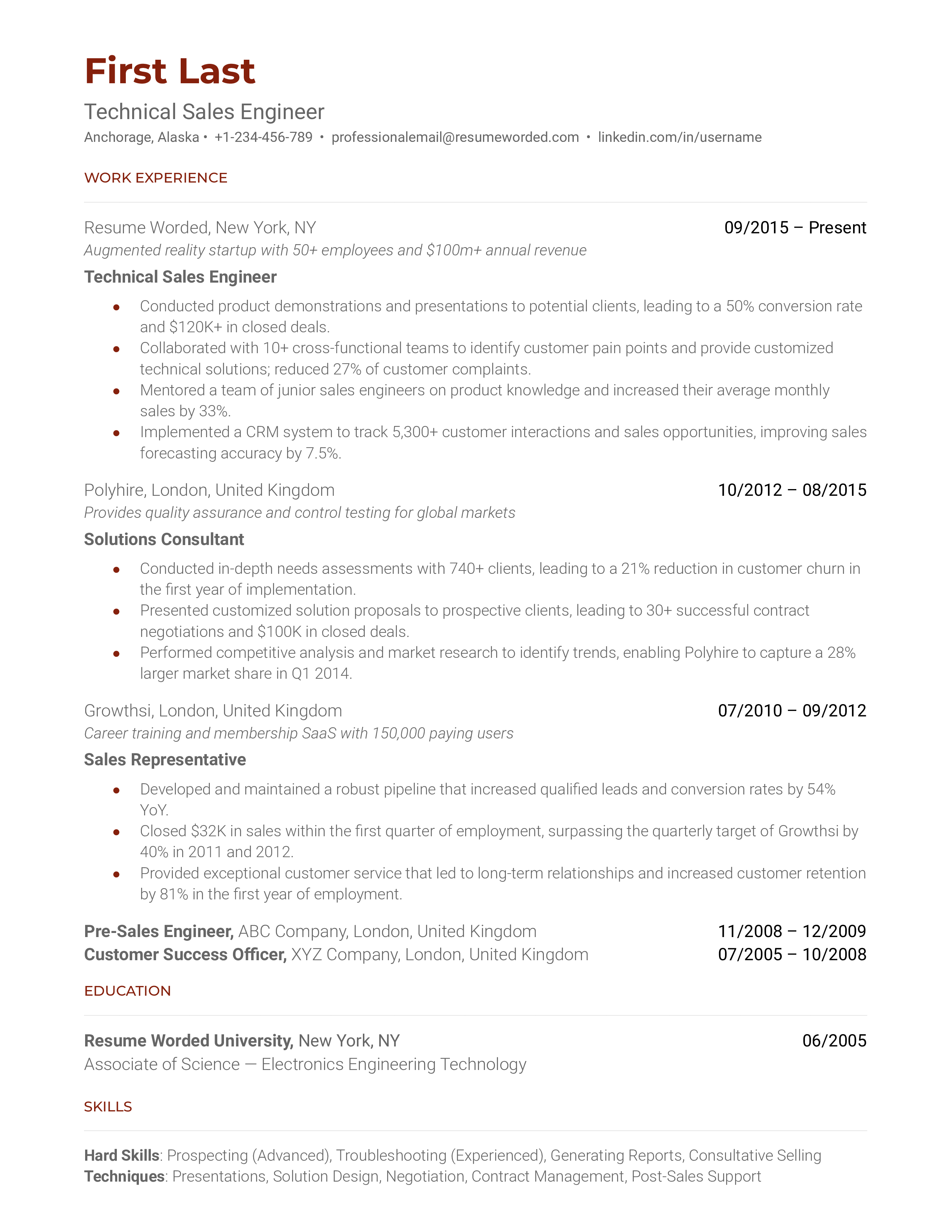 Technical Sales Engineer Resume Sample