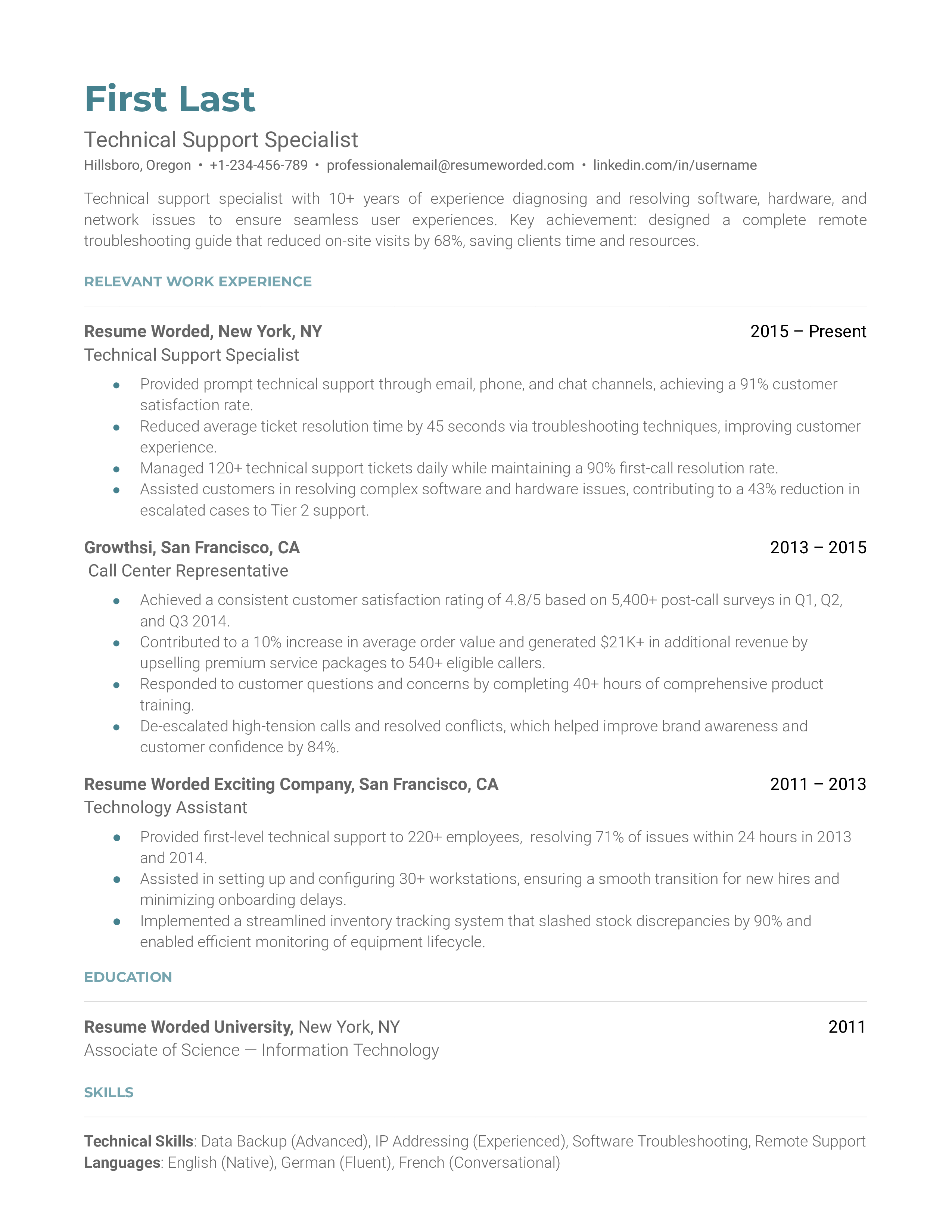 Technical Support Specialist Resume Sample