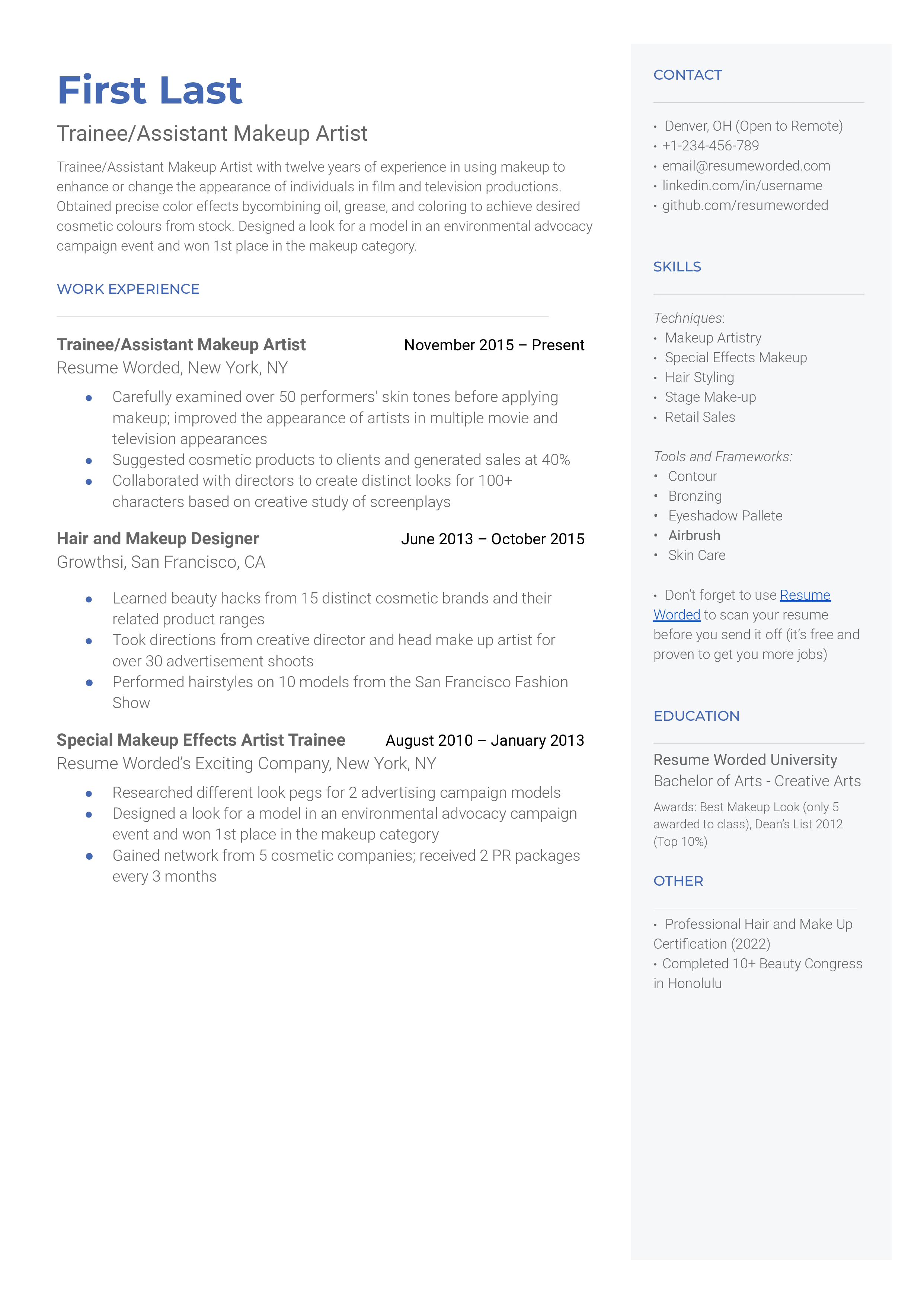 Trainee/Assistant Makeup Artist Resume Sample