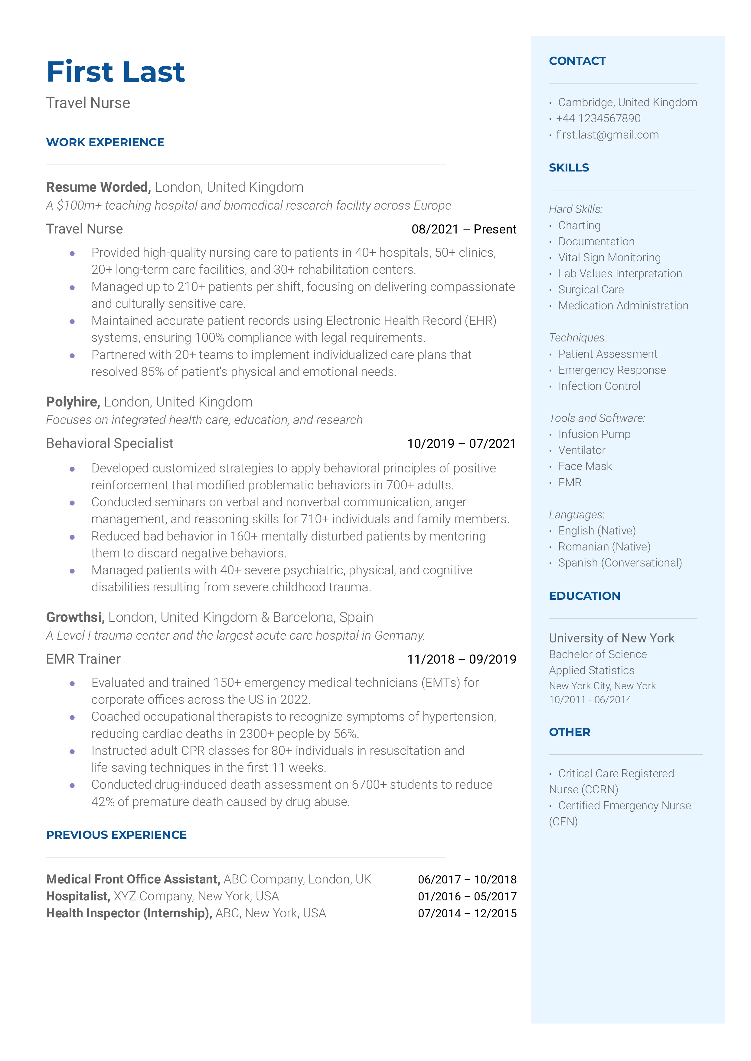 Travel Nurse Resume Sample