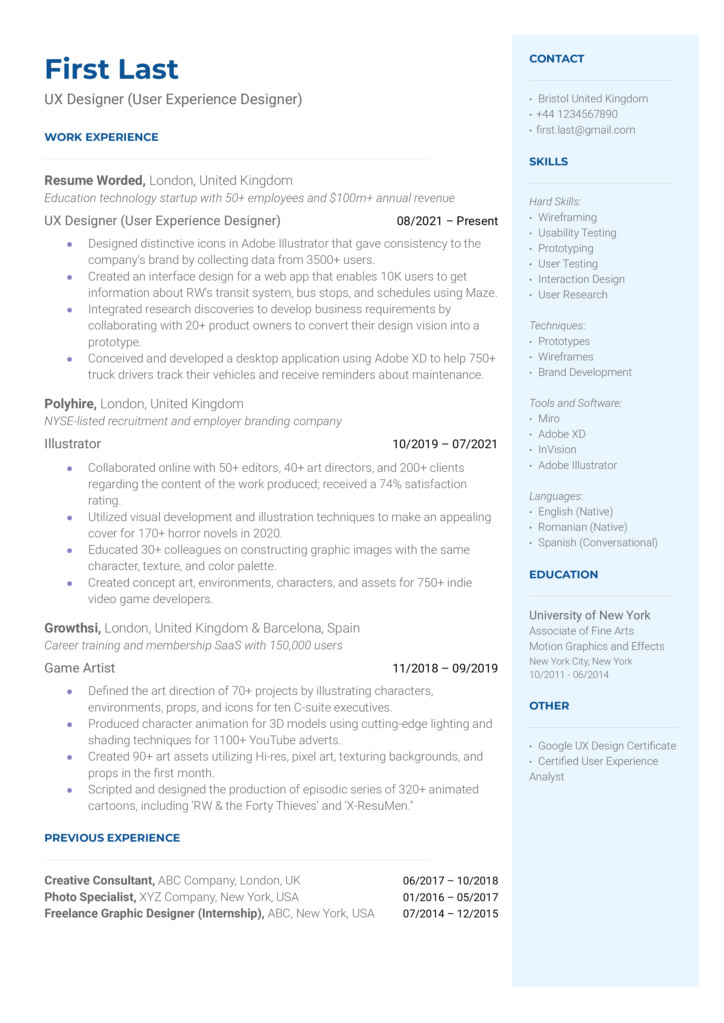 UX Designer (User Experience Designer) Resume Sample