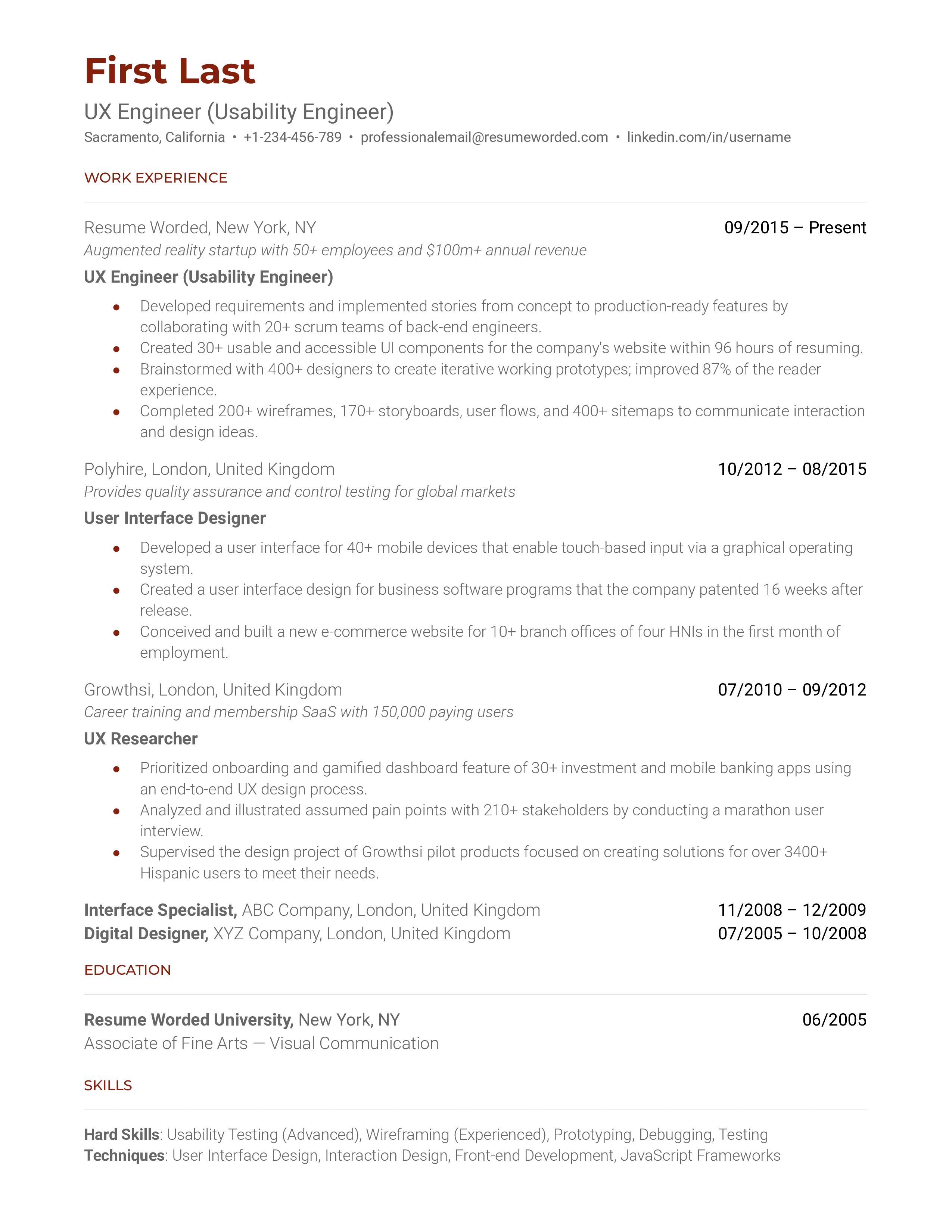 UX Engineer (Usability Engineer) Resume Sample
