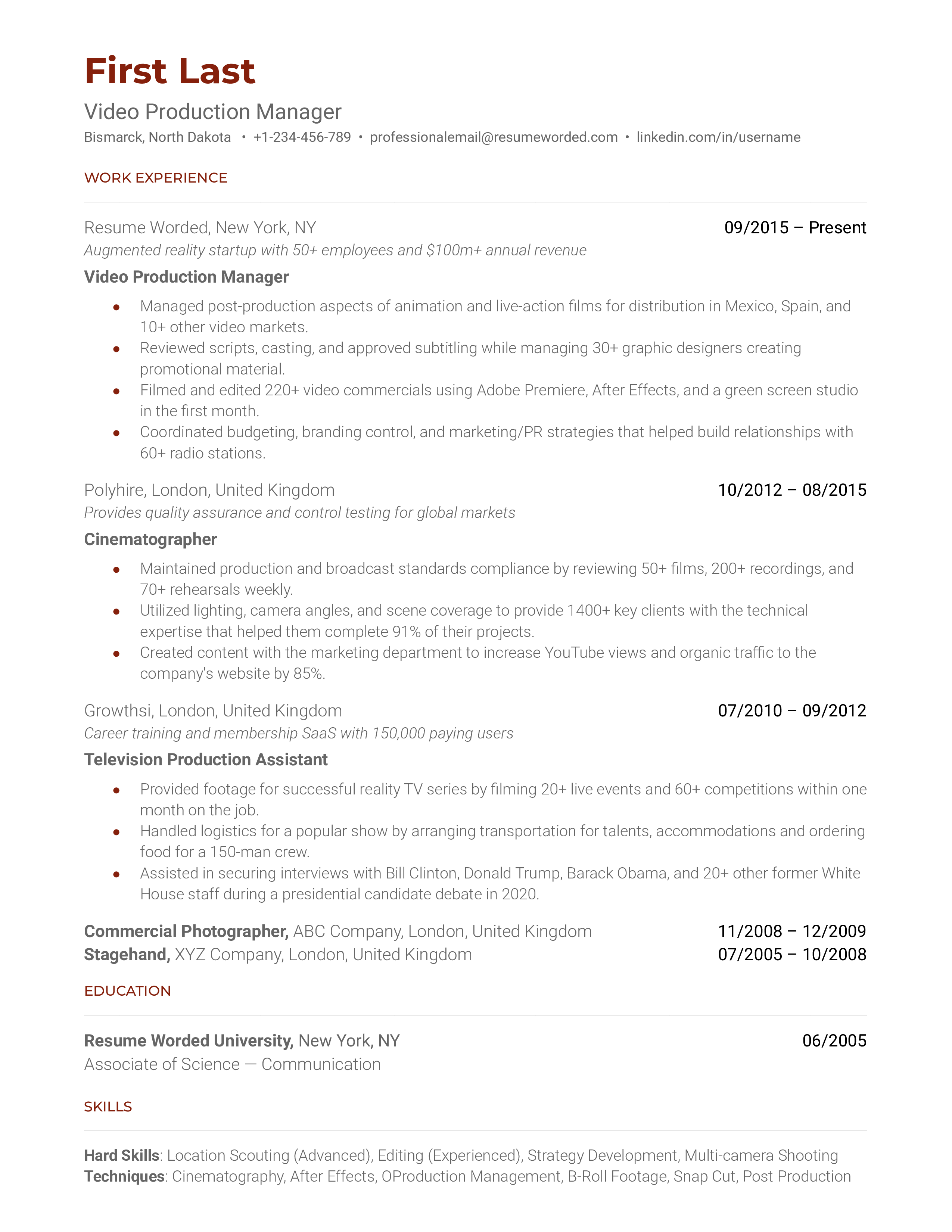 Video Production Manager Resume Sample