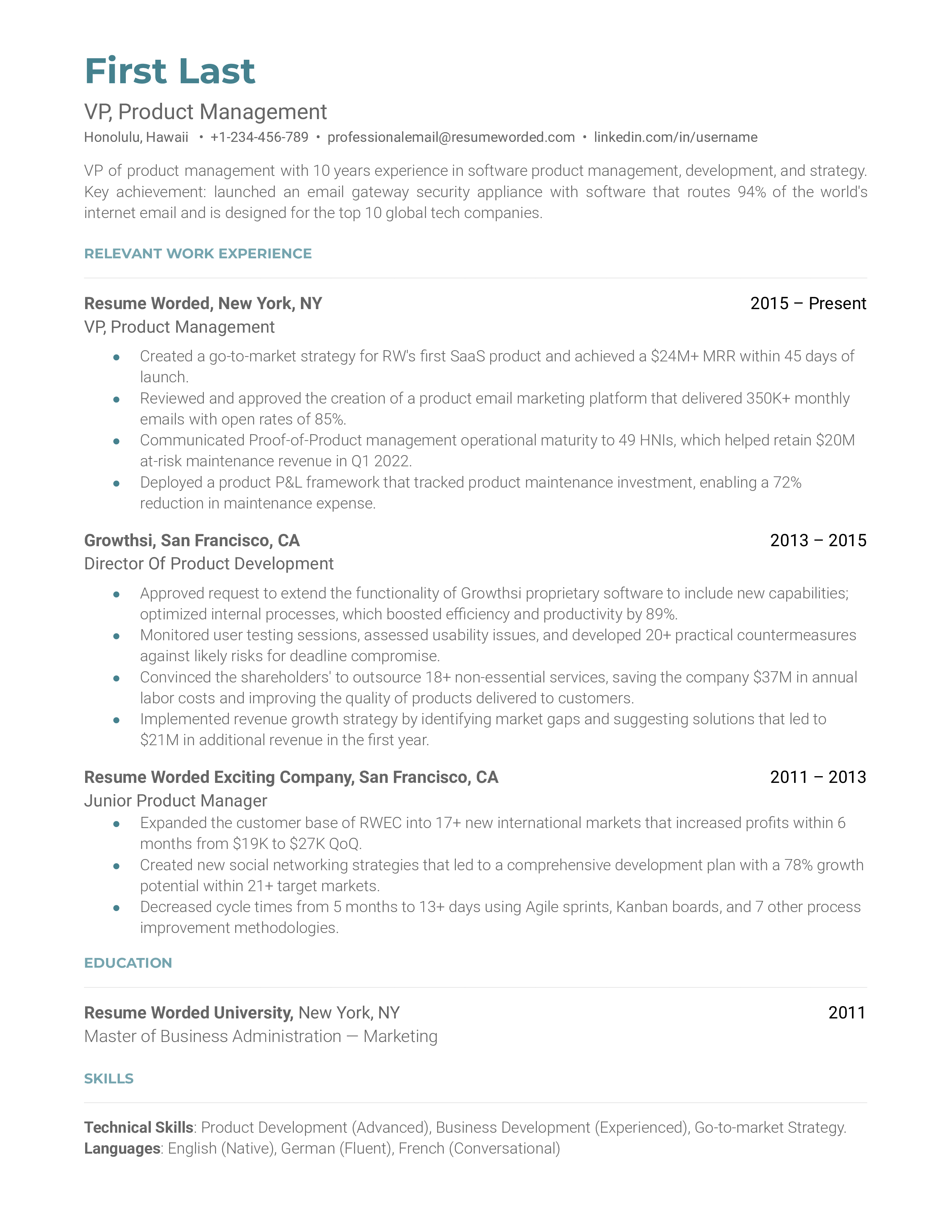 VP Product Management Resume Sample