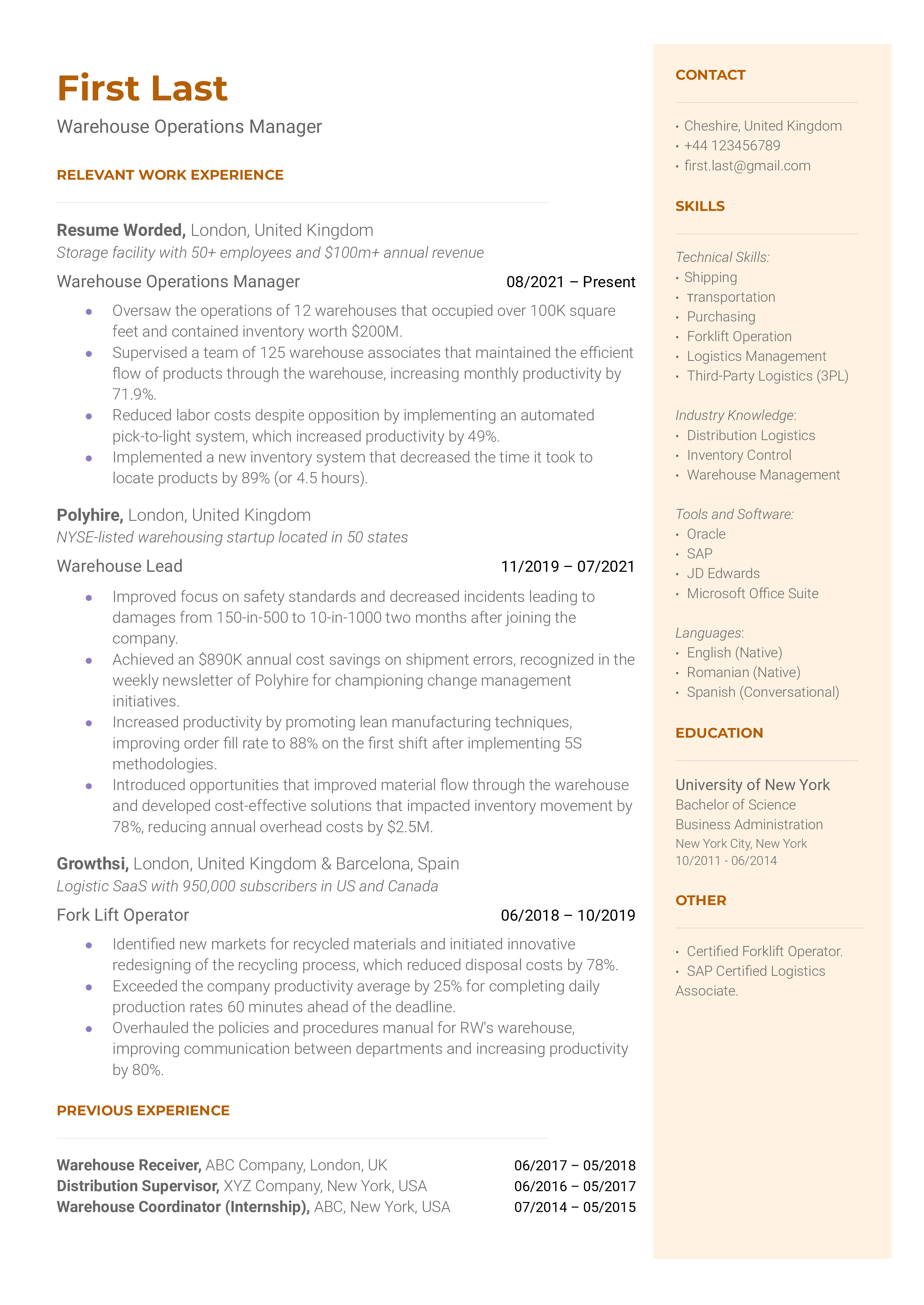 Warehouse Operations Manager Resume Sample