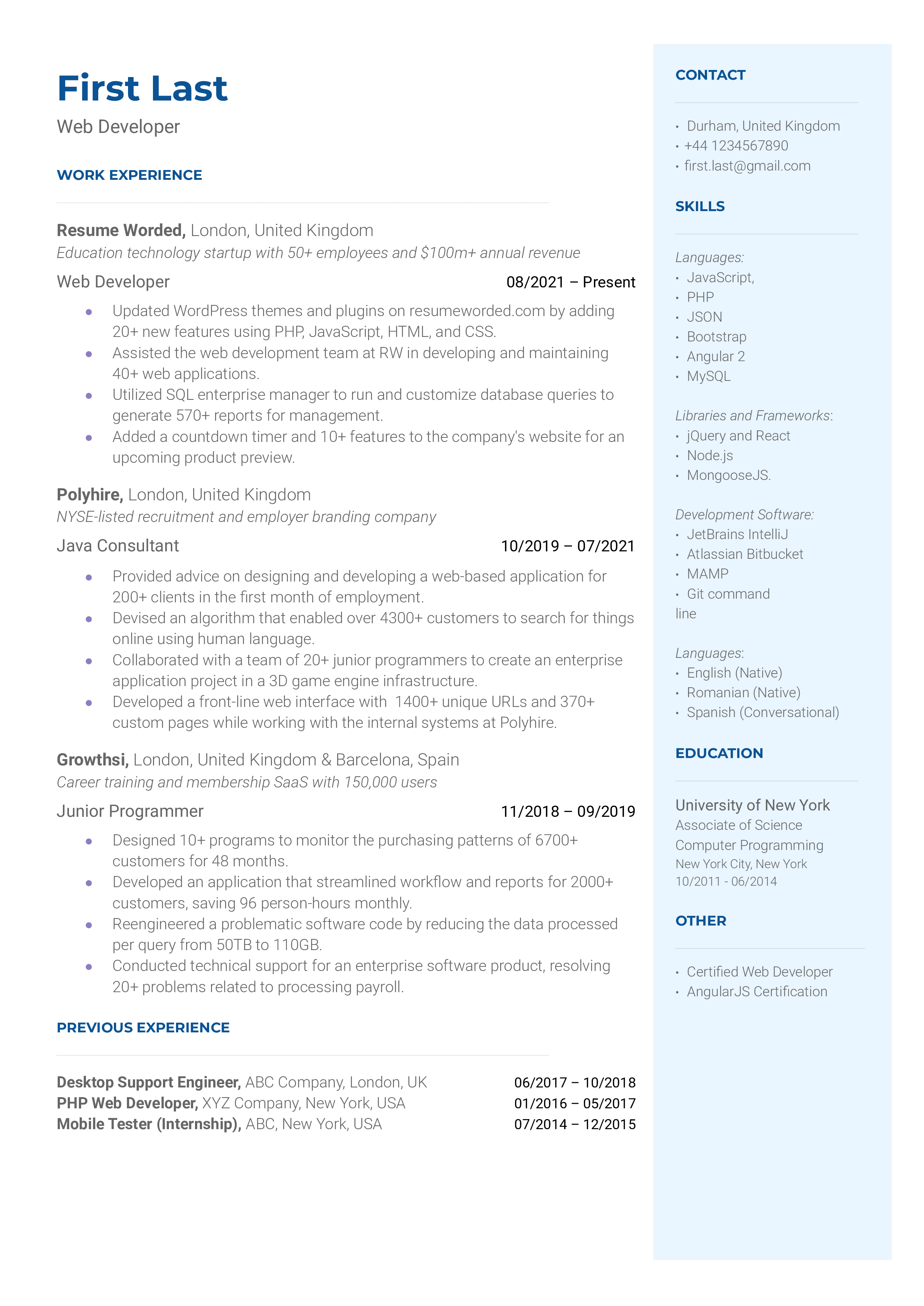 Web Developer Resume Sample