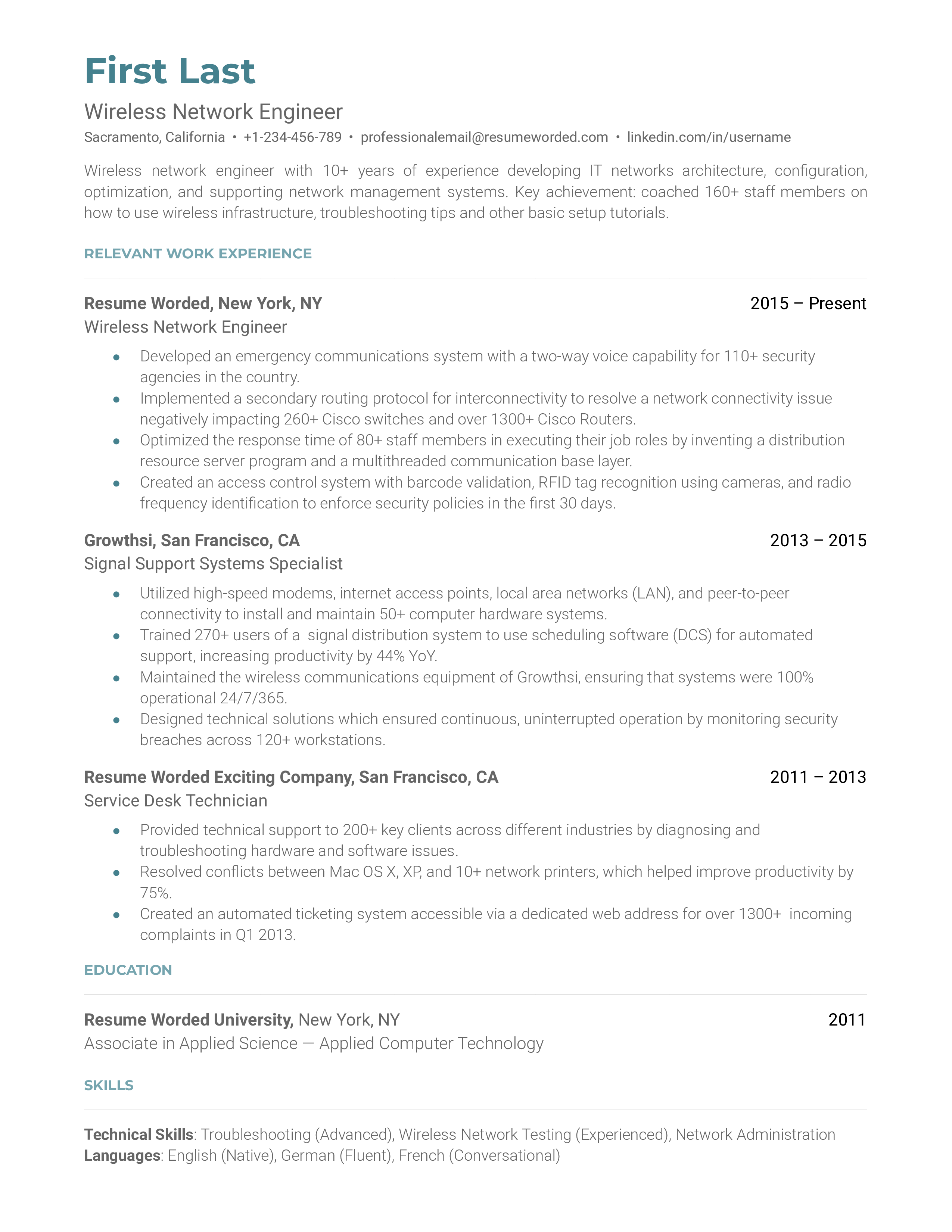Wireless Network Engineer Resume Sample