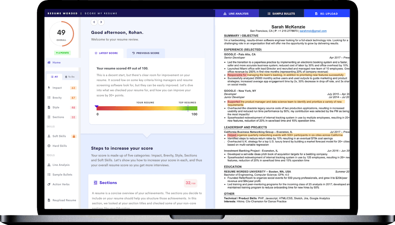 Our resume scanner gives you a free ATS resume test. It evaluates your resume for over 25 different resume criteria, including ATS compliance, impact and core competencies.