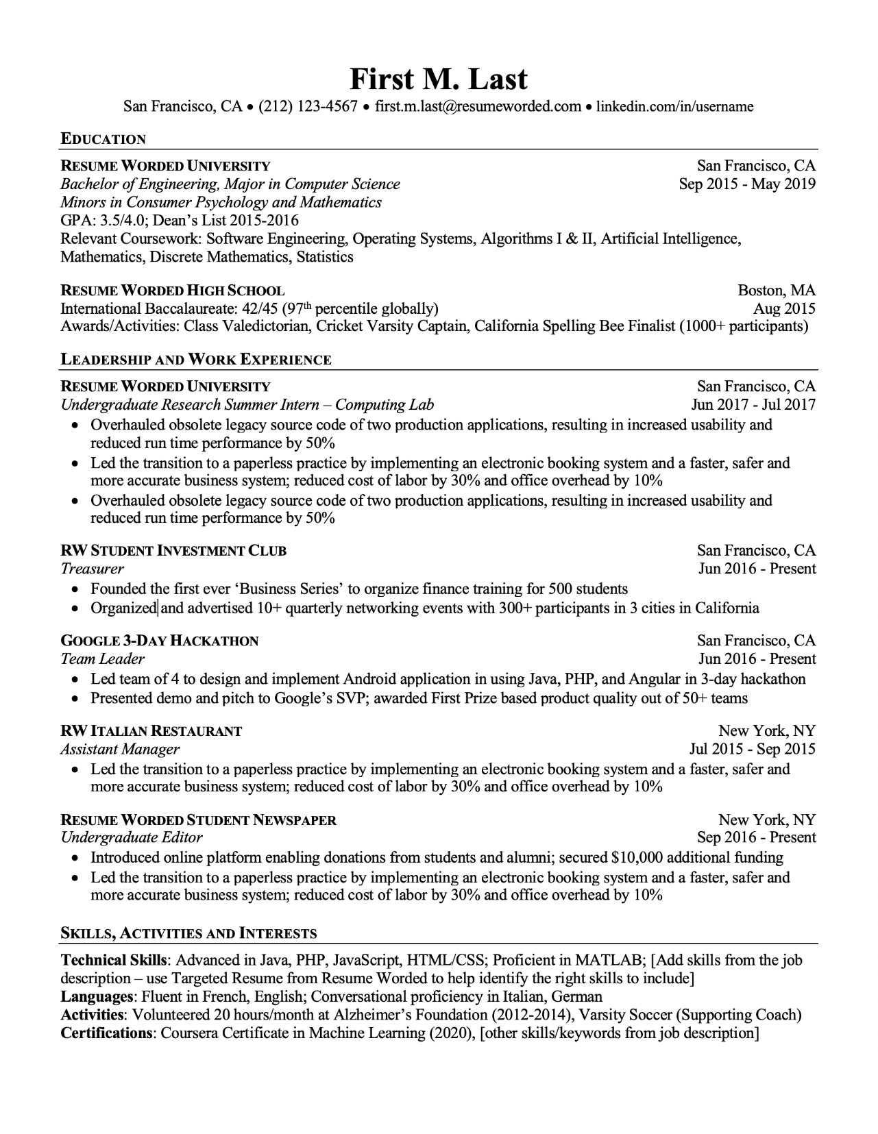 Screenshot of a resume template that is ATS-compatible for Students