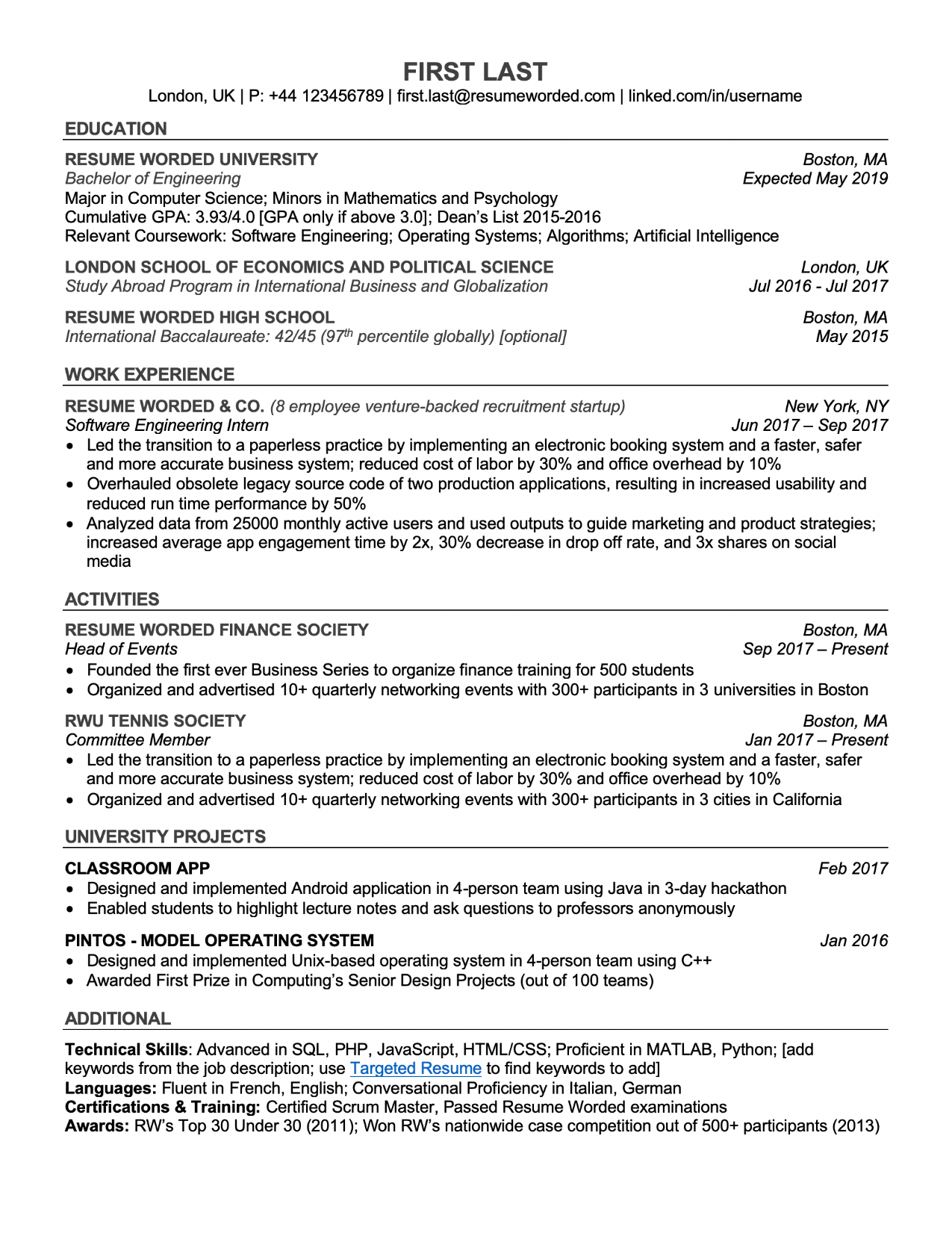 Screenshot of a resume template that is ATS-compatible for Students - Preview Two