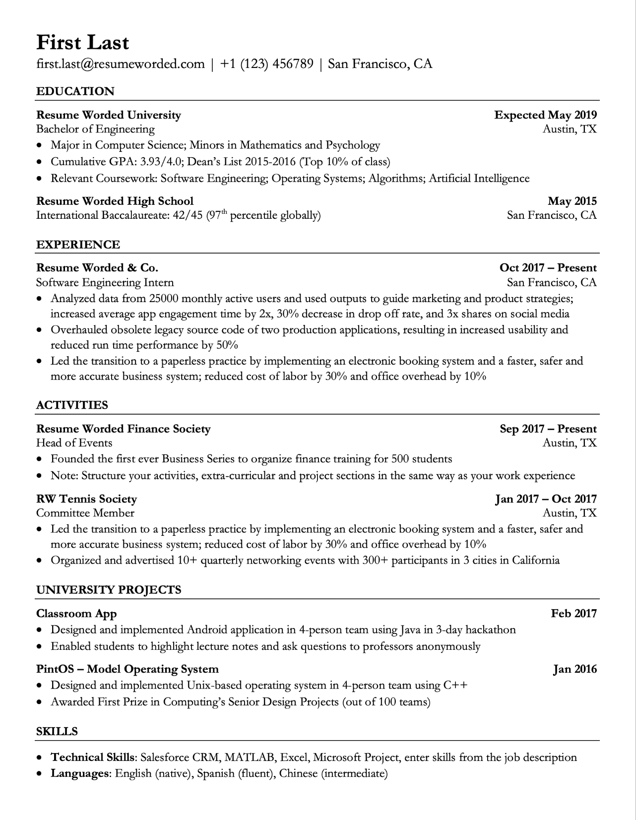 Professional resume template for students with projects