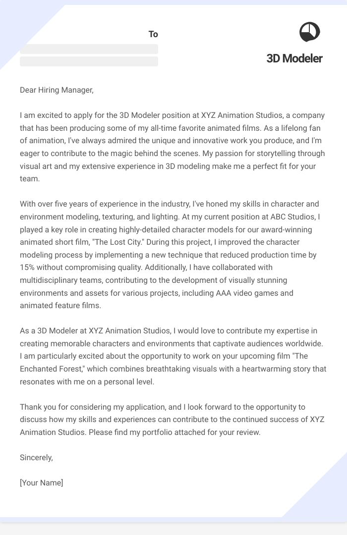 3D Modeler Cover Letter