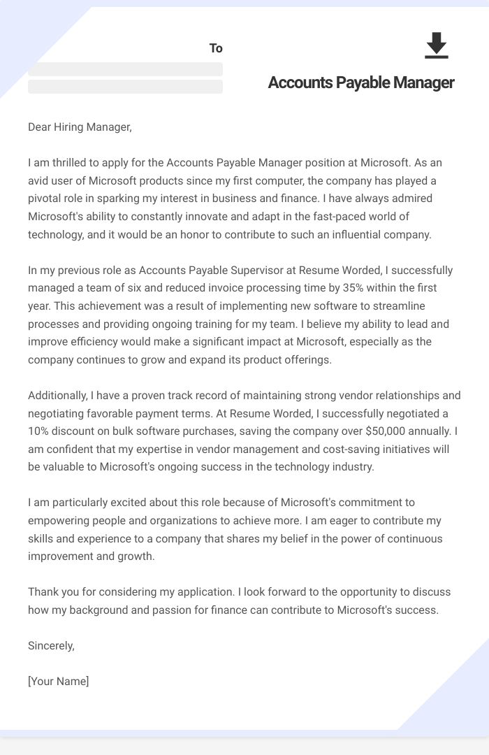 Accounts Payable Manager Cover Letter