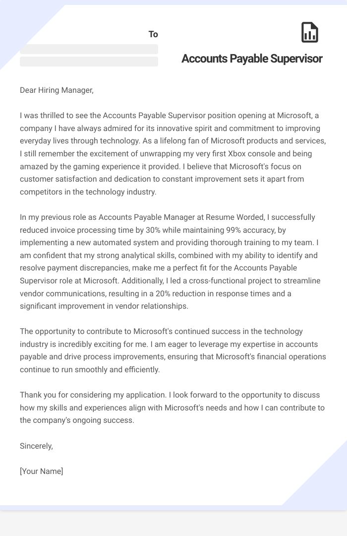 Accounts Payable Supervisor Cover Letter
