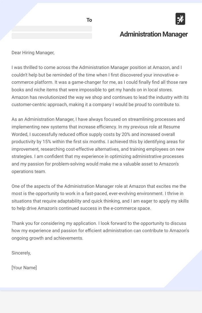 Administration Manager Cover Letter