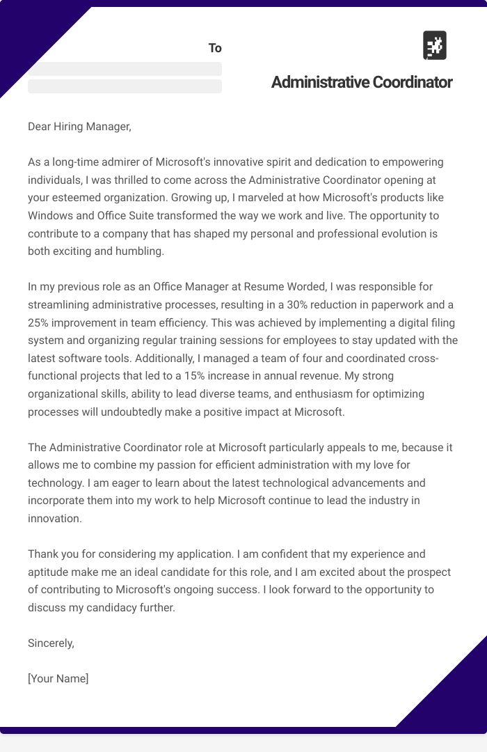 Administrative Coordinator Cover Letter
