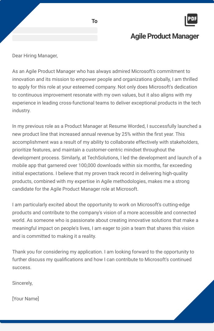Agile Product Manager Cover Letter