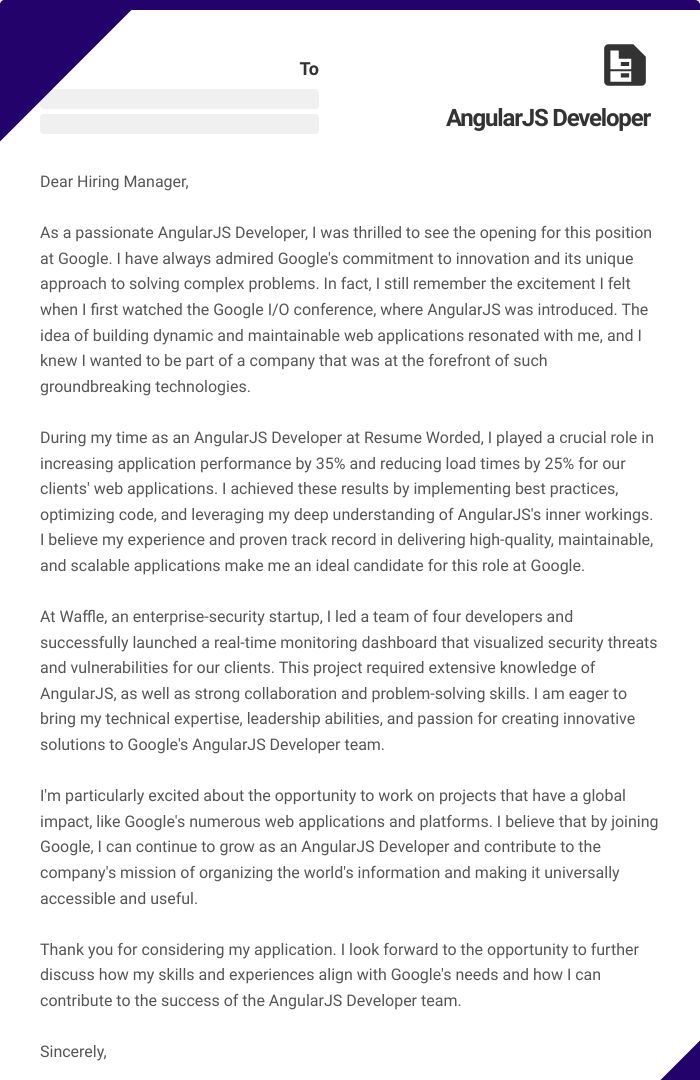 AngularJS Developer Cover Letter