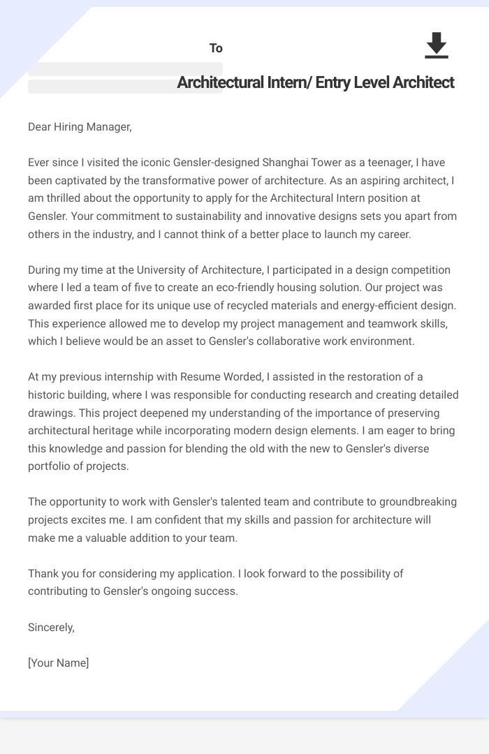 Architectural Intern/ Entry Level Architect Cover Letter