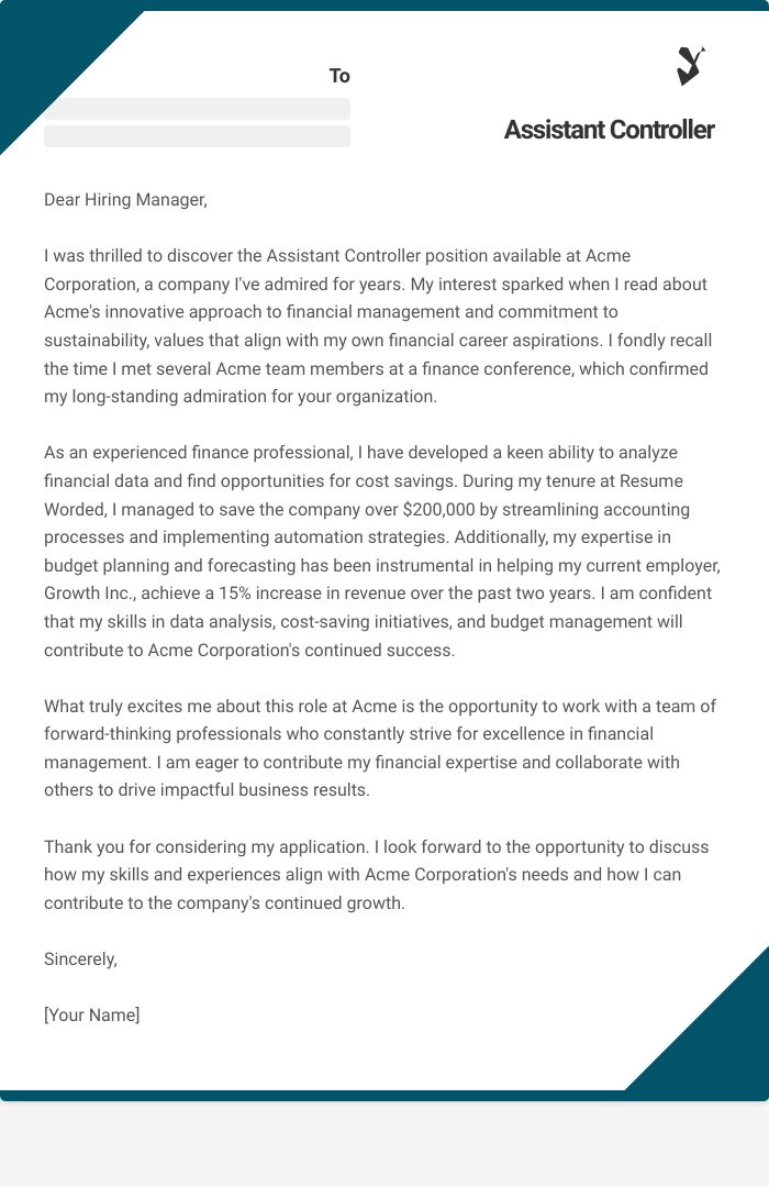 Assistant Controller Cover Letter