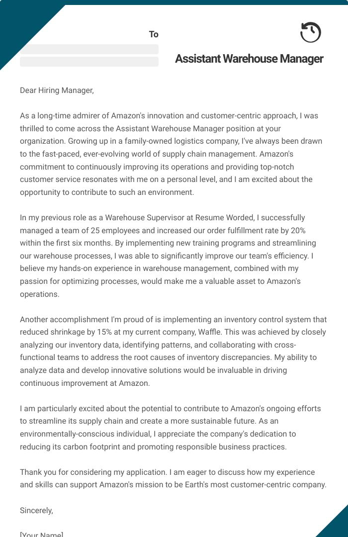 Assistant Warehouse Manager Cover Letter