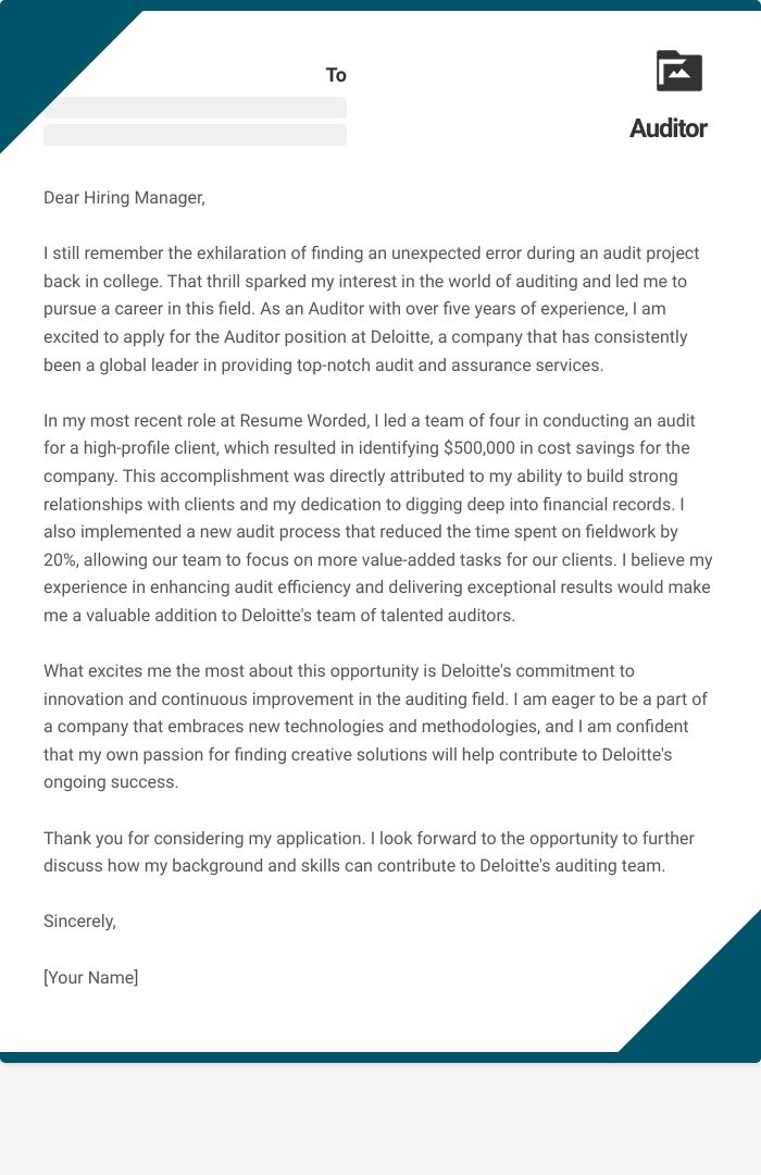 Auditor Cover Letter