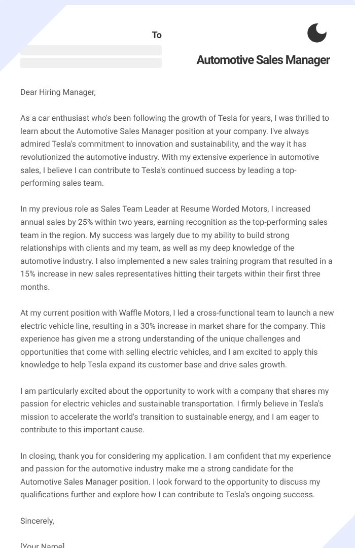 Automotive Sales Manager Cover Letter